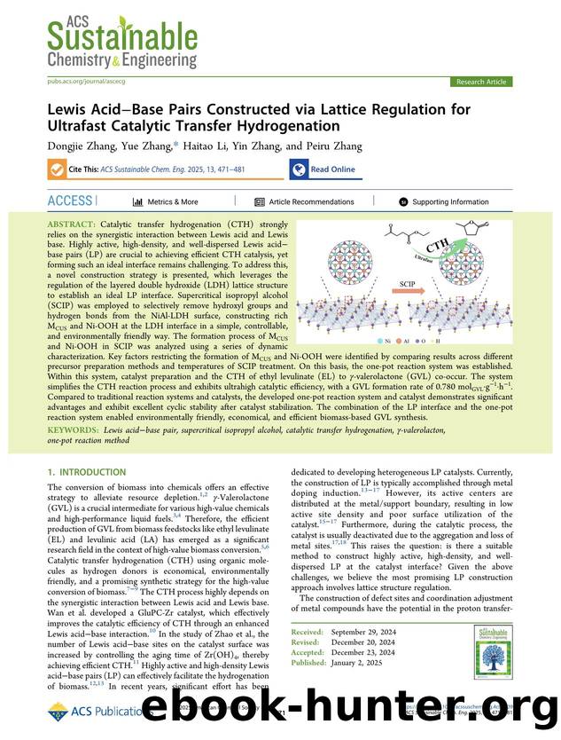 Lewis AcidâBase Pairs Constructed via Lattice Regulation for Ultrafast Catalytic Transfer Hydrogenation by Dongjie Zhang Yue Zhang Haitao Li Yin Zhang and Peiru Zhang
