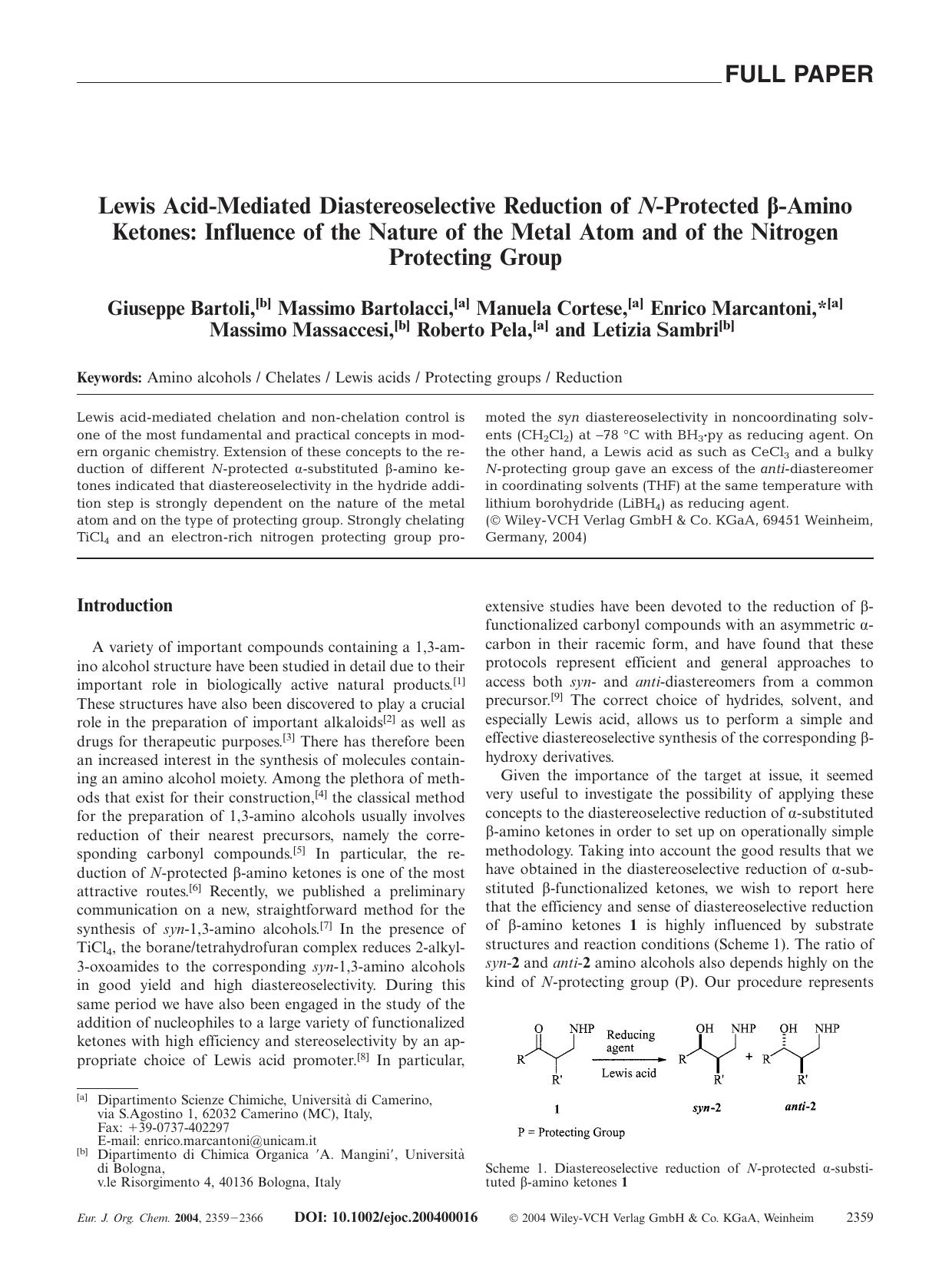 Lewis Acid-Mediated Diastereoselective Reduction of N-Protected [beta]-Amino Ketones: Influence of the Nature of the Metal Atom and of the Nitrogen Protecting Group by Unknown
