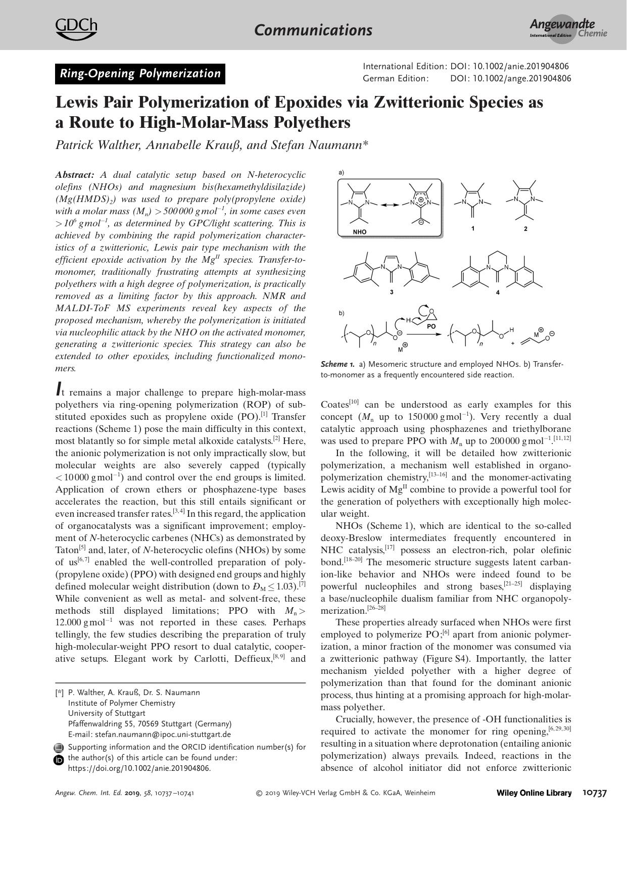 Lewis Pair Polymerization of Epoxides via Zwitterionic Species as a Route to HighâMolarâMass Polyethers by Unknown