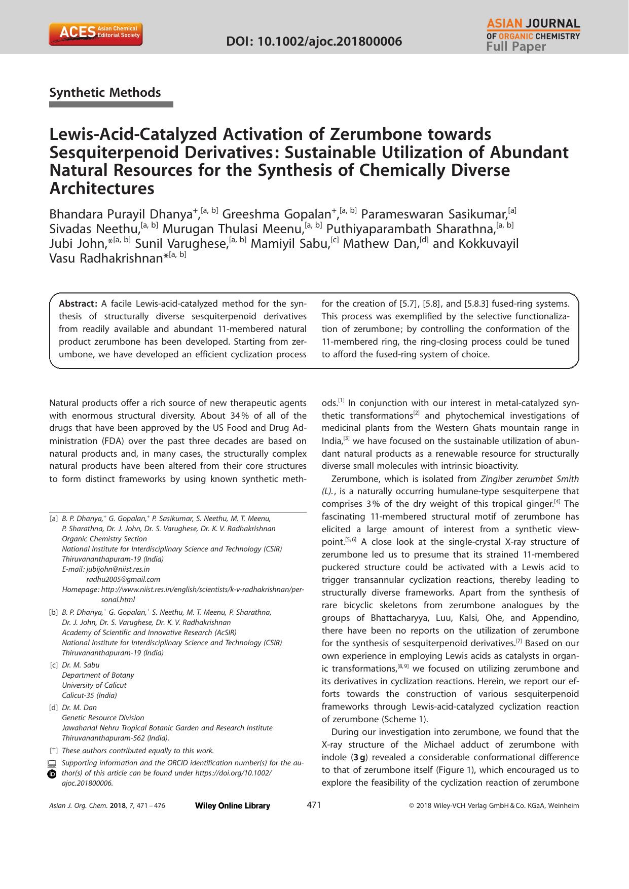 LewisâAcidâCatalyzed Activation of Zerumbone towards Sesquiterpenoid Derivatives: Sustainable Utilization of Abundant Natural Resources for the Synthesis of Chemically Diverse Architectures by Unknown