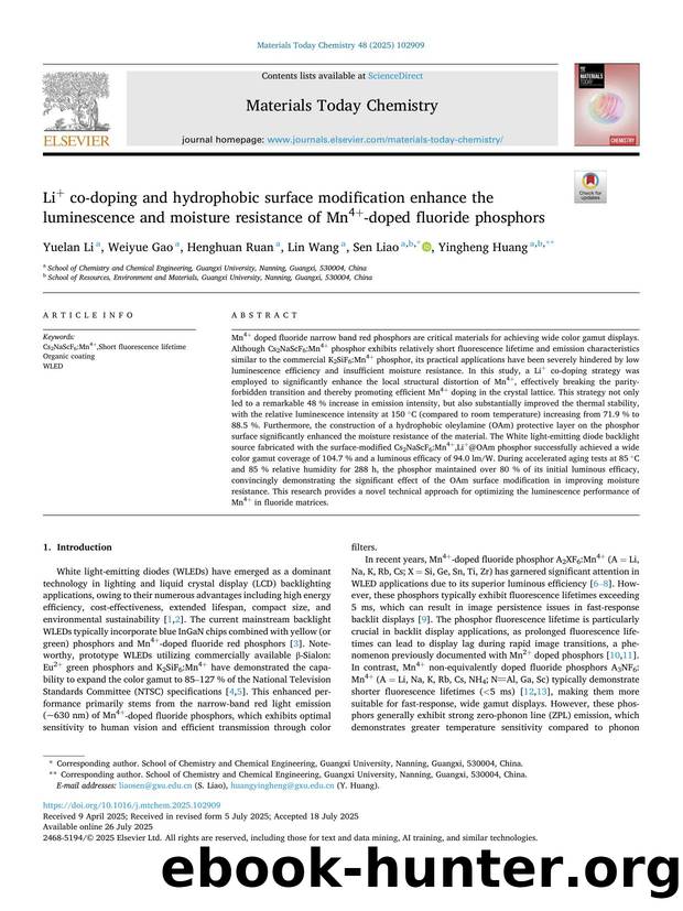 Li+ co-doping and hydrophobic surface modification enhance the luminescence and moisture resistance of Mn4+-doped fluoride phosphors by Yuelan Li & Weiyue Gao & Henghuan Ruan & Lin Wang & Sen Liao & Yingheng Huang