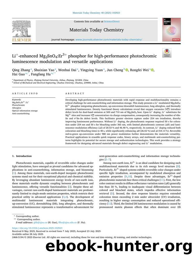 Li+-enhanced Mg2SnO4:Er3+ phosphor for high-performance photochromic luminescence modulation and versatile applications by unknow