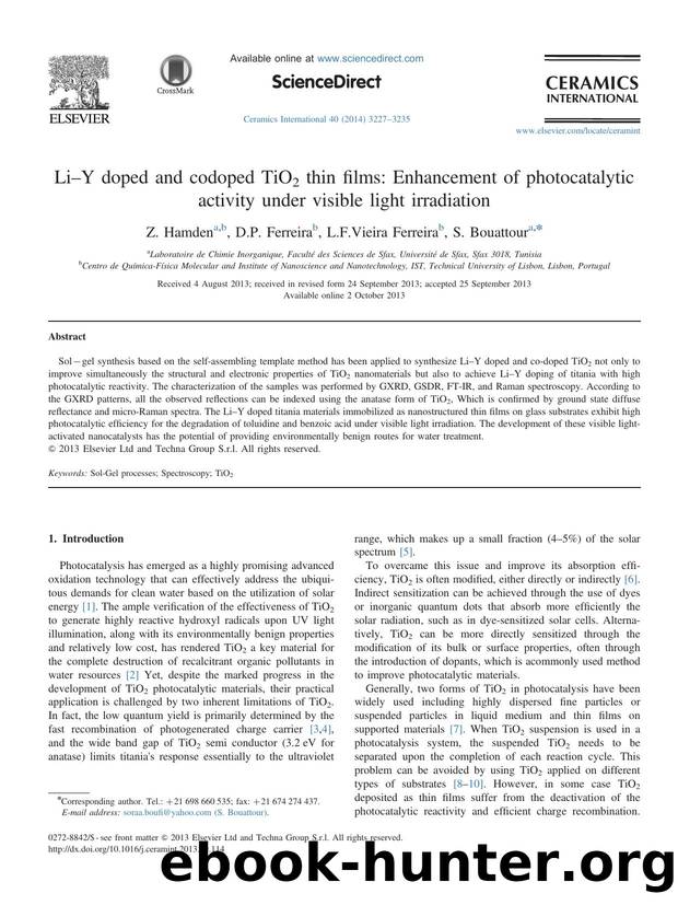 LiâY doped and codoped TiO2 thin films_ Enhancement of photocatalytic activity under visible light irradiation by Z. Hamden & D.P. Ferreira & L.F.Vieira Ferreira & S. Bouattour