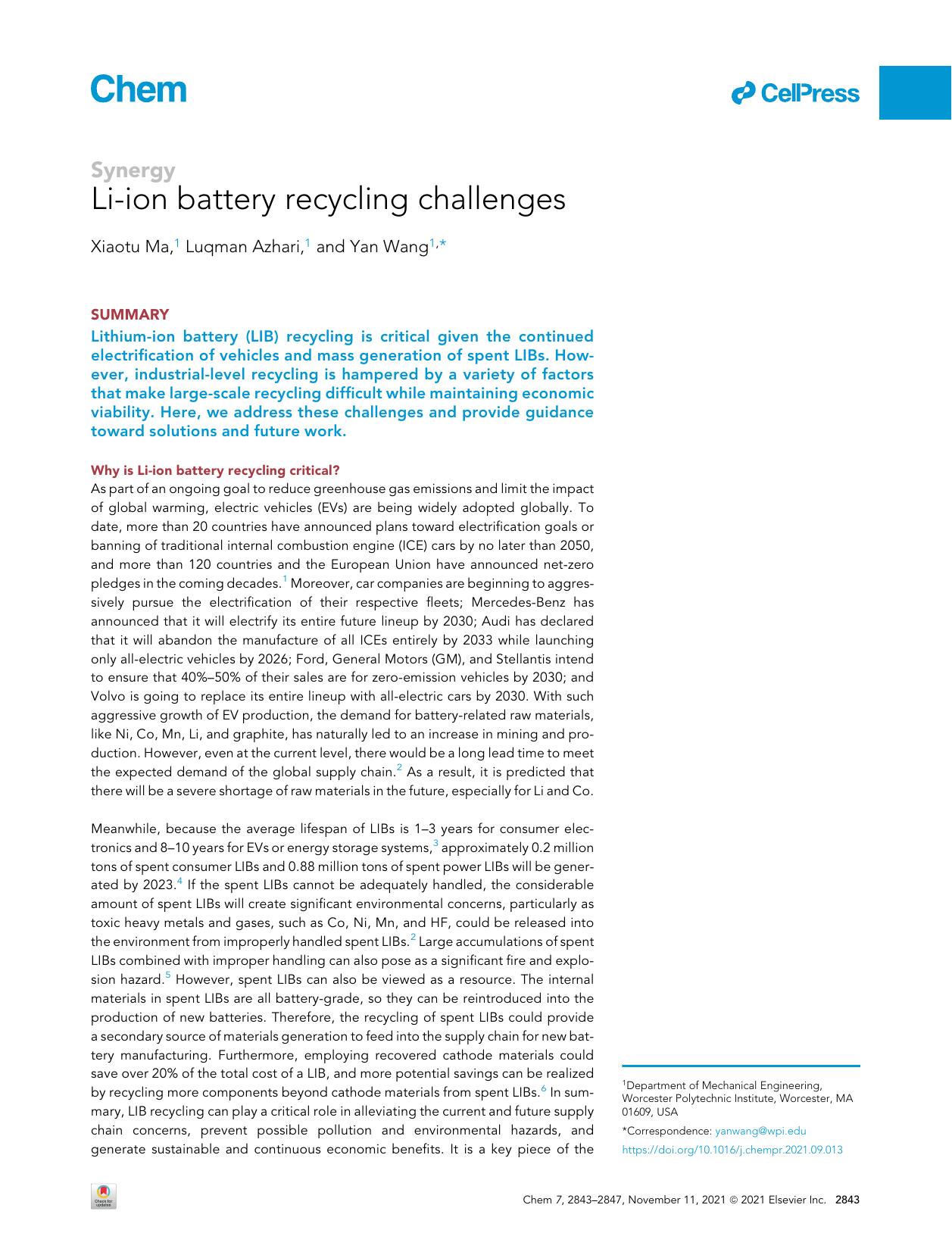 Li-ion battery recycling challenges by Xiaotu Ma
