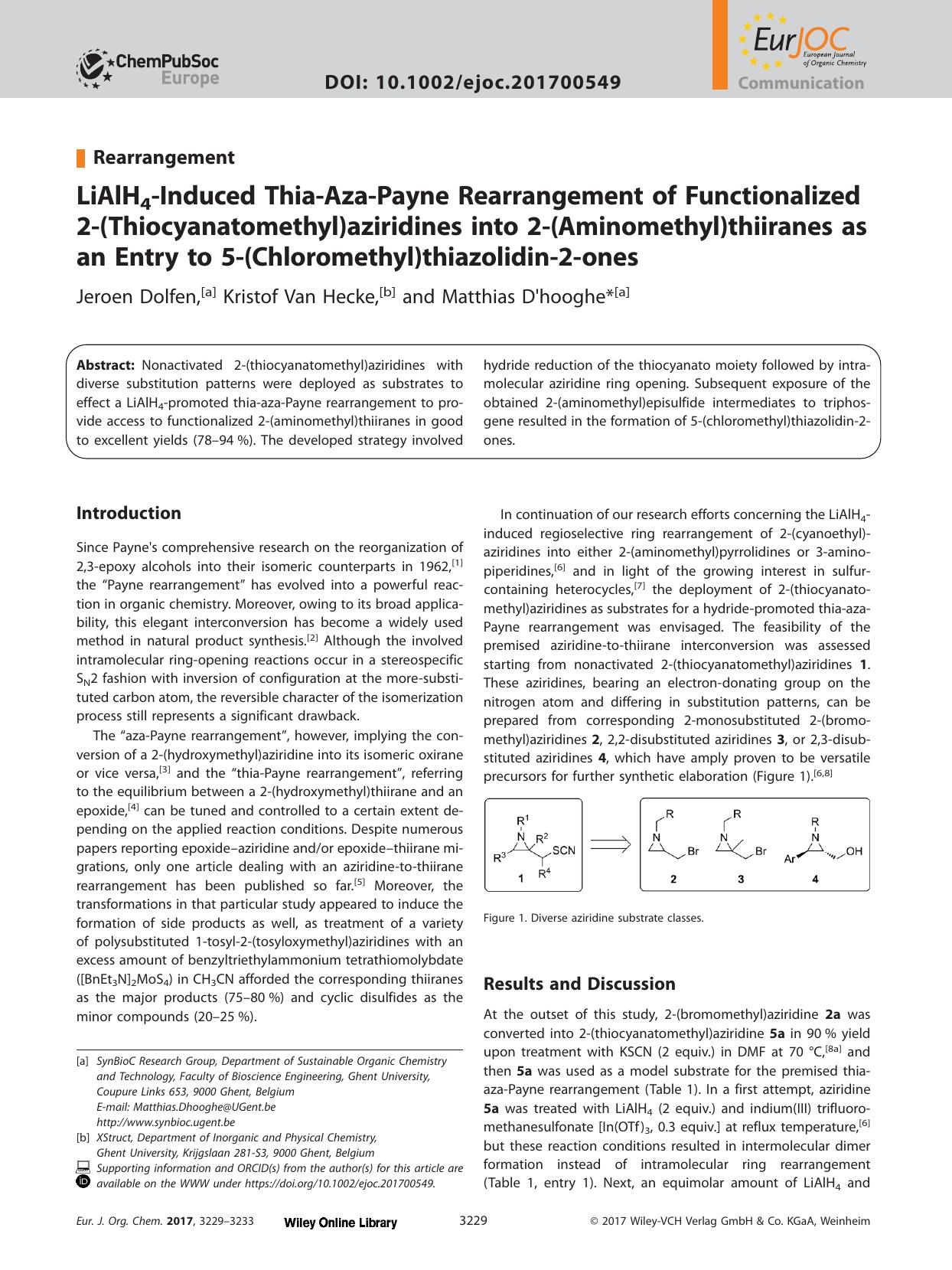 LiAlH<sub>4<sub>&#x02010;Induced Thia&#x02010;Aza&#x02010;Payne Rearrangement of Functionalized 2&#x02010;(Thiocyanatomethyl)aziridines into 2&#x02010;(Aminomethyl)thiiranes as an by Unknown