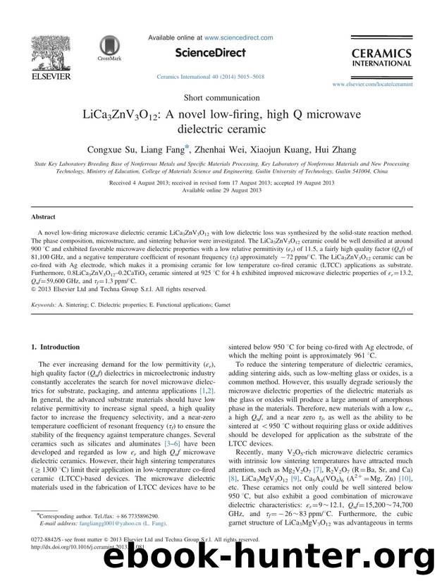 LiCa3ZnV3O12_ A novel low-firing, high Q microwave dielectric ceramic by Congxue Su & Liang Fang & Zhenhai Wei & Xiaojun Kuang & Hui Zhang