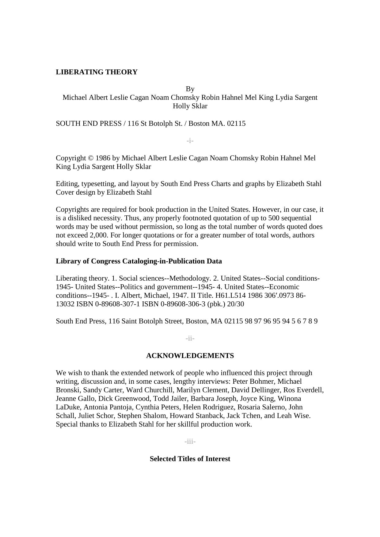 Liberating Theory by Michael Albert Leslie Cagan Noam Chomsky Robin Hahnel Mel King Lydia Sargent Holly Sklar