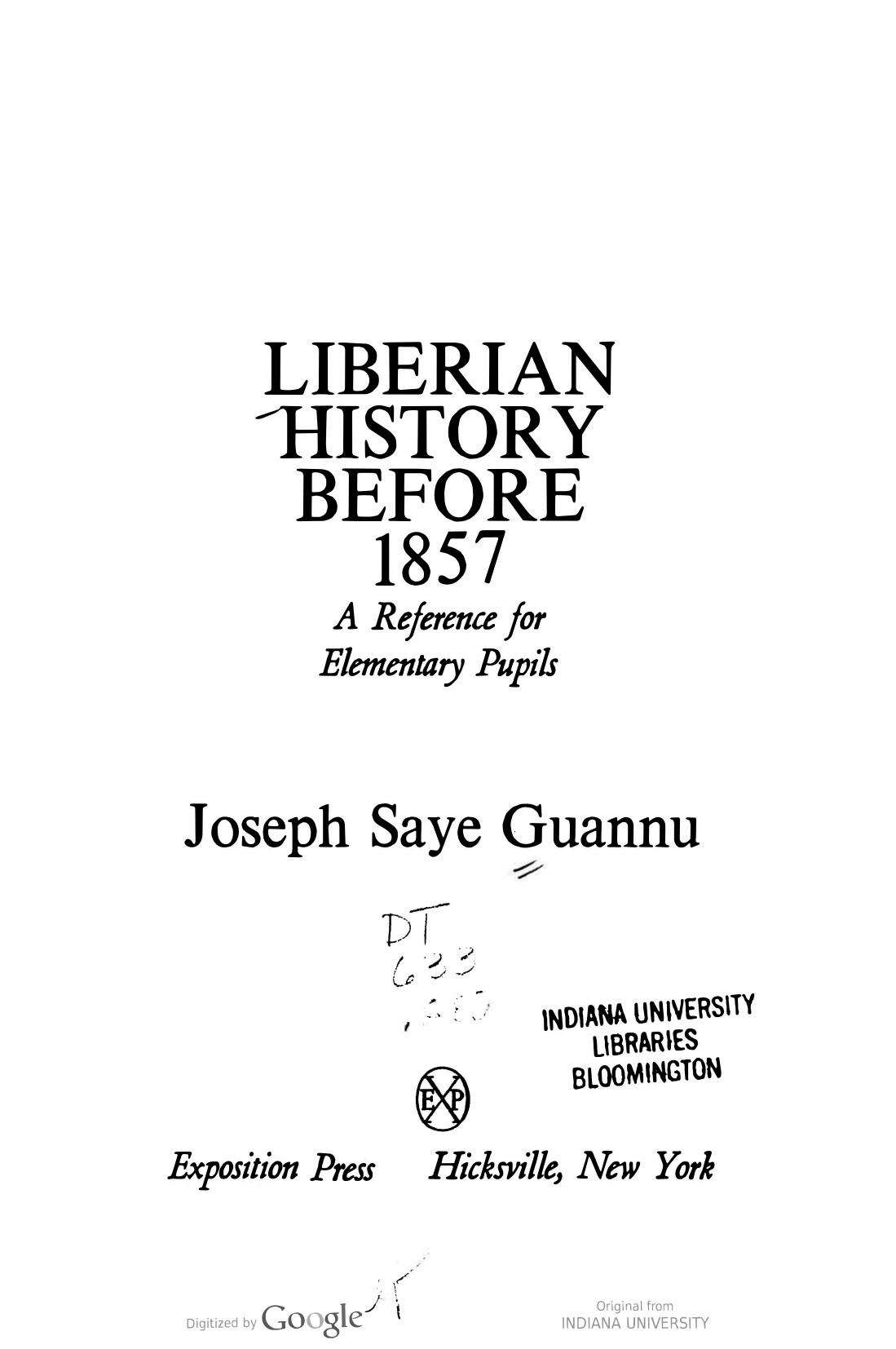 Liberian History Before 1857: A Reference for Elementary Pupils by Joseph Saye Guannu