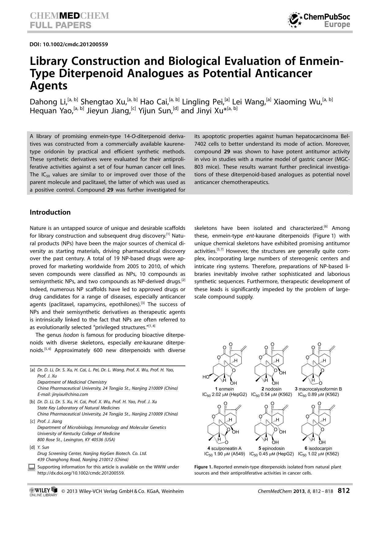 Library Construction and Biological Evaluation of EnmeinType Diterpenoid Analogues as Potential Anticancer Agents by Unknown