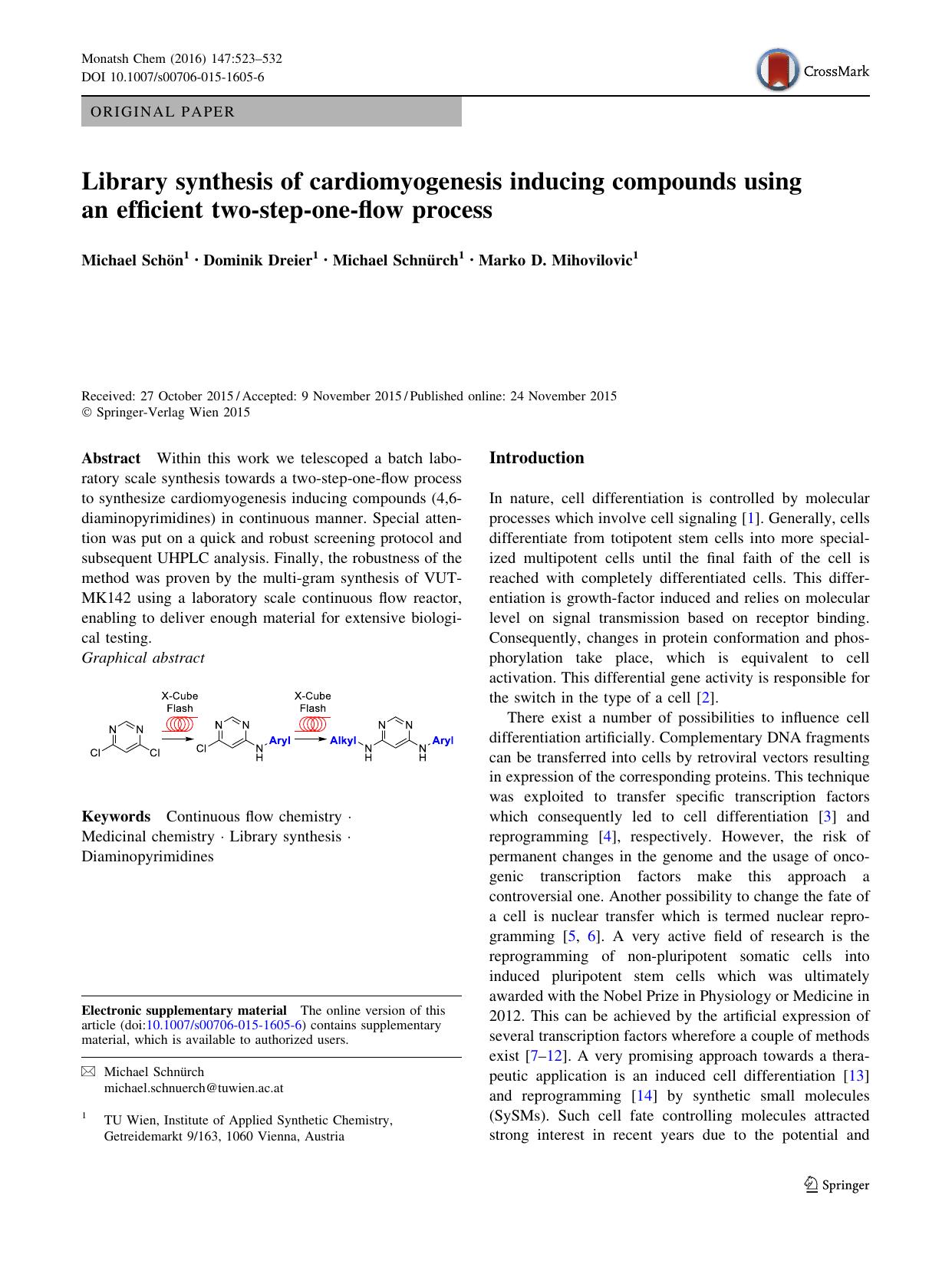 Library synthesis of cardiomyogenesis inducing compounds using an efficient two-step-one-flow process by Michael Schön & Dominik Dreier & Michael Schnürch & Marko D. Mihovilovic
