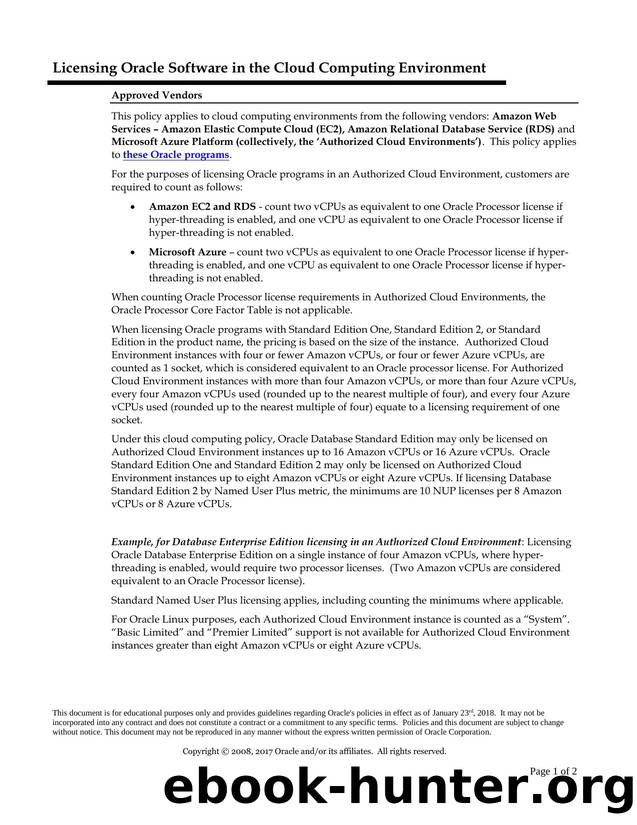 Licensing Oracle Software in the Cloud Computing Environment by Oracle