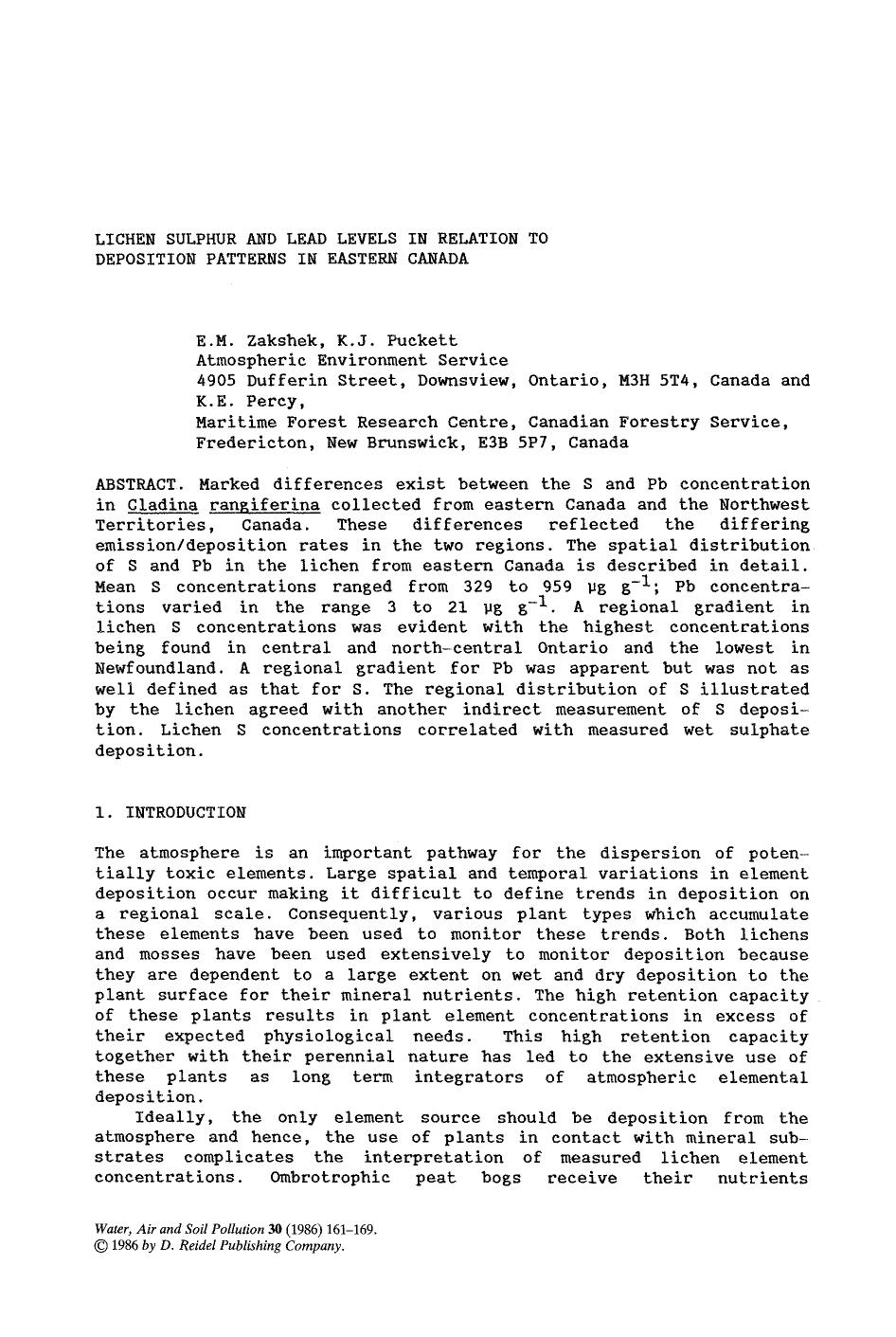 Lichen sulphur and lead levels in relation to deposition patterns in Eastern Canada by Unknown