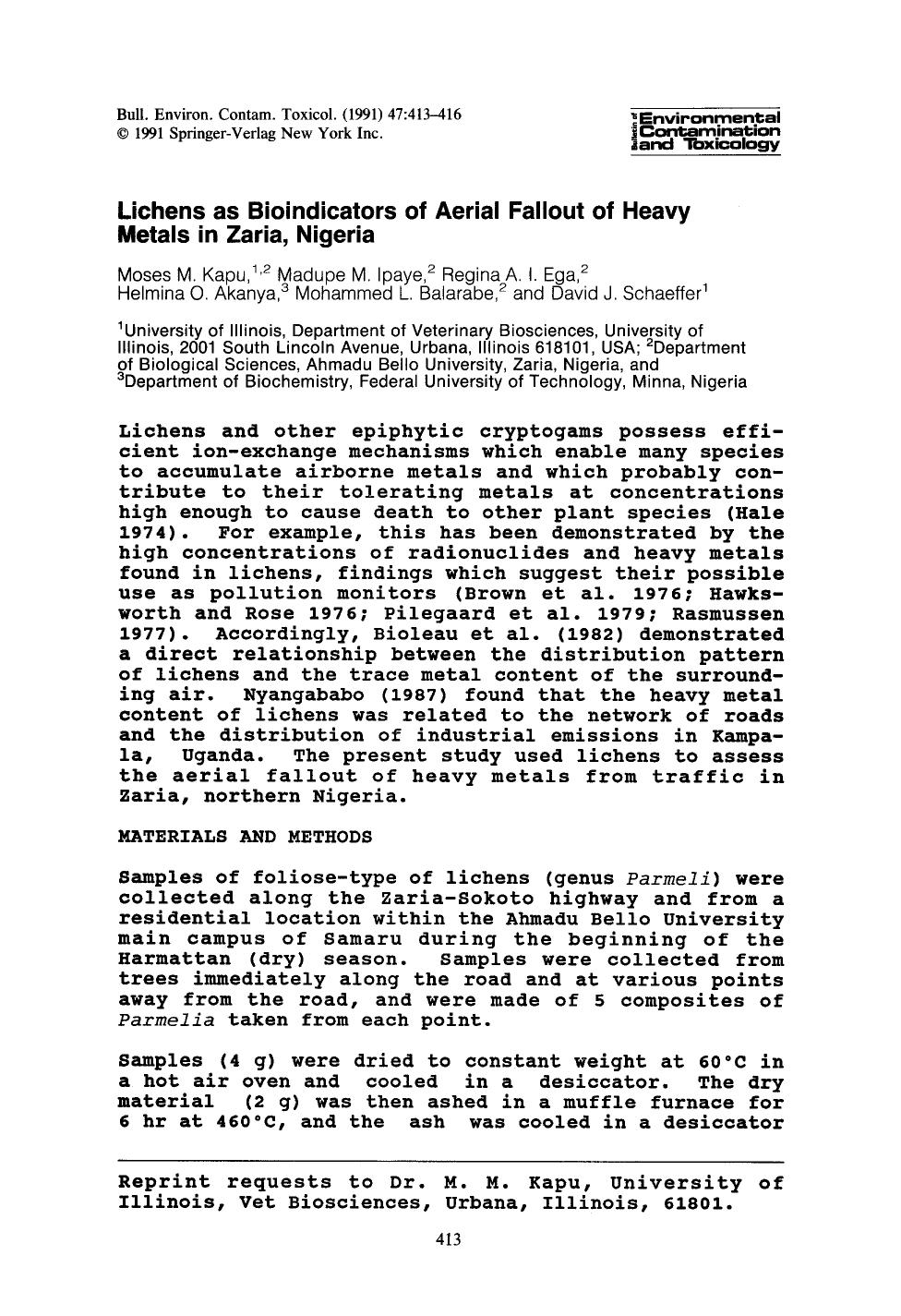 Lichens as bioindicators of aerial fallout of heavy metals in Zaria, Nigeria by Unknown
