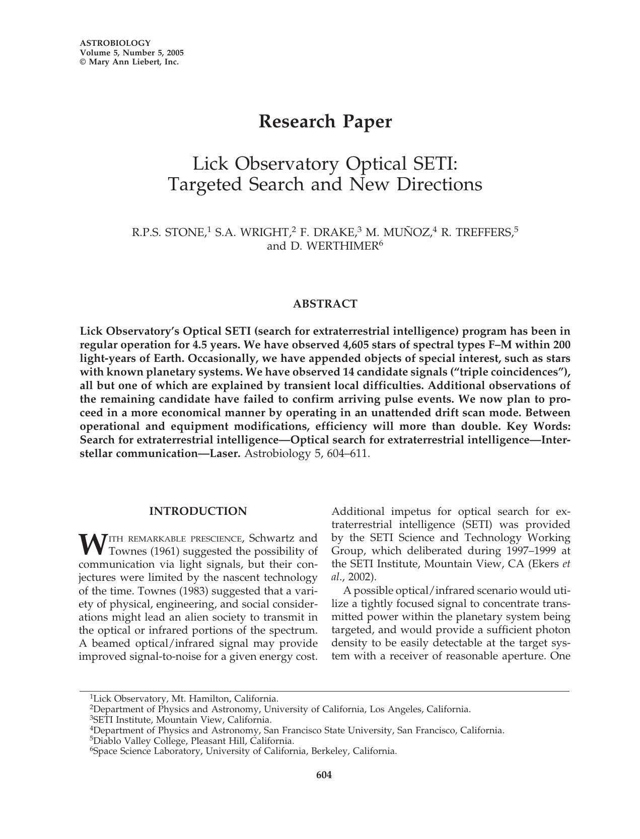 Lick Observatory Optical SETI: Targeted Search and New Directions by R.P.S. Stone S.A. Wright F. Drake M. Muñoz R. Treffers & D. Werthimer