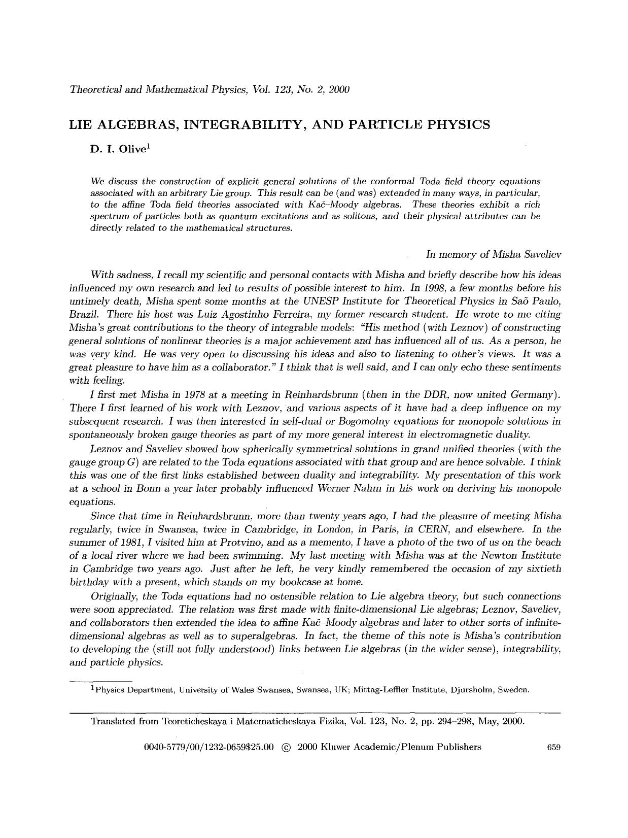 Lie algebras, integrability, and particle physics by Unknown