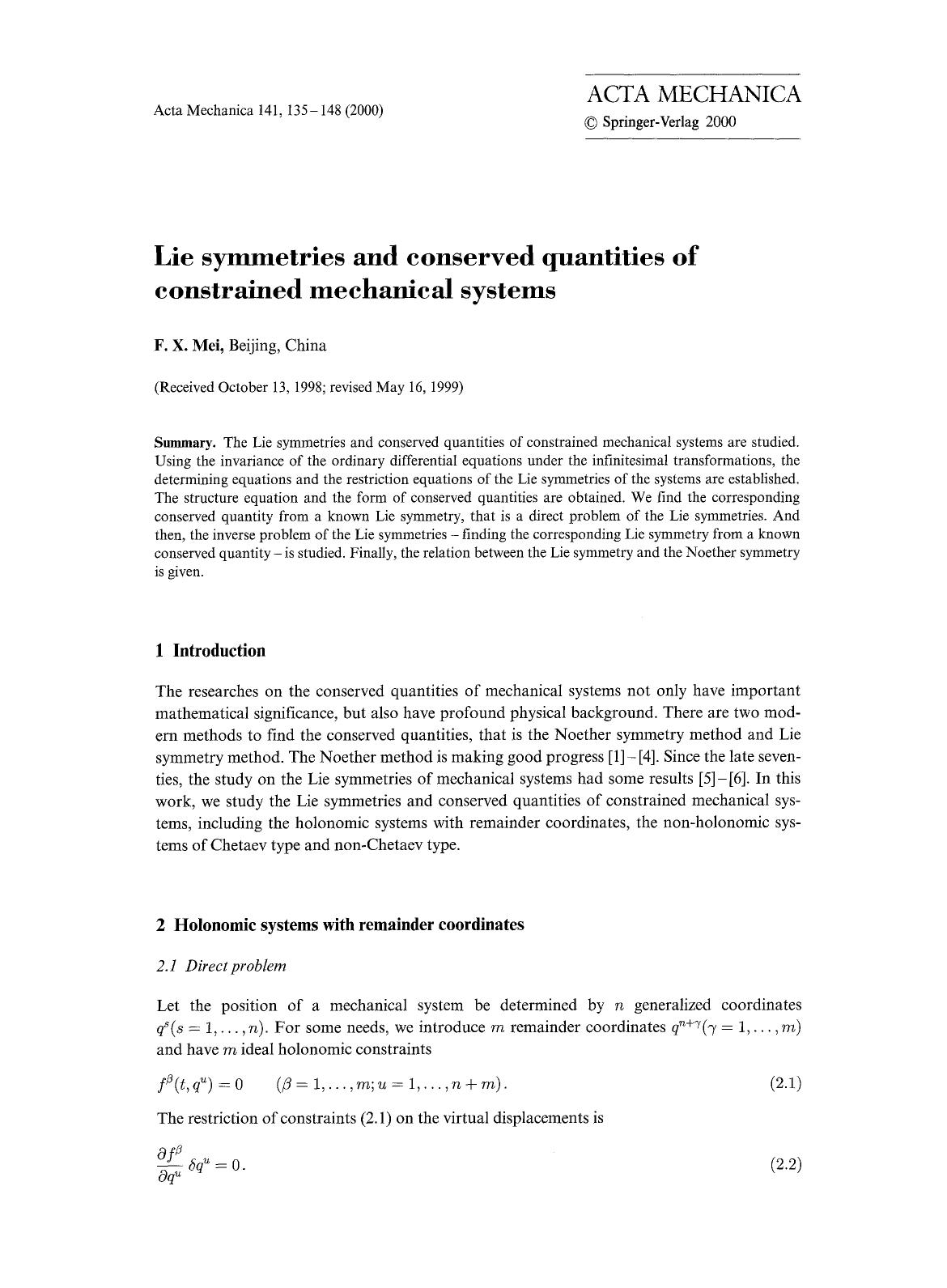 Lie symmetries and conserved quantities of constrained mechanical systems by Unknown