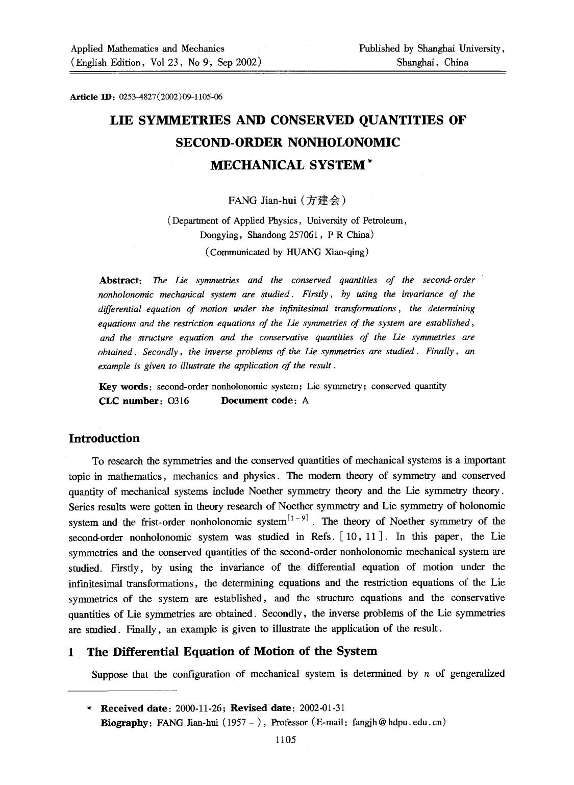 Lie symmetries and conserved quantities of second-order nonholonomic mechanical system by Unknown
