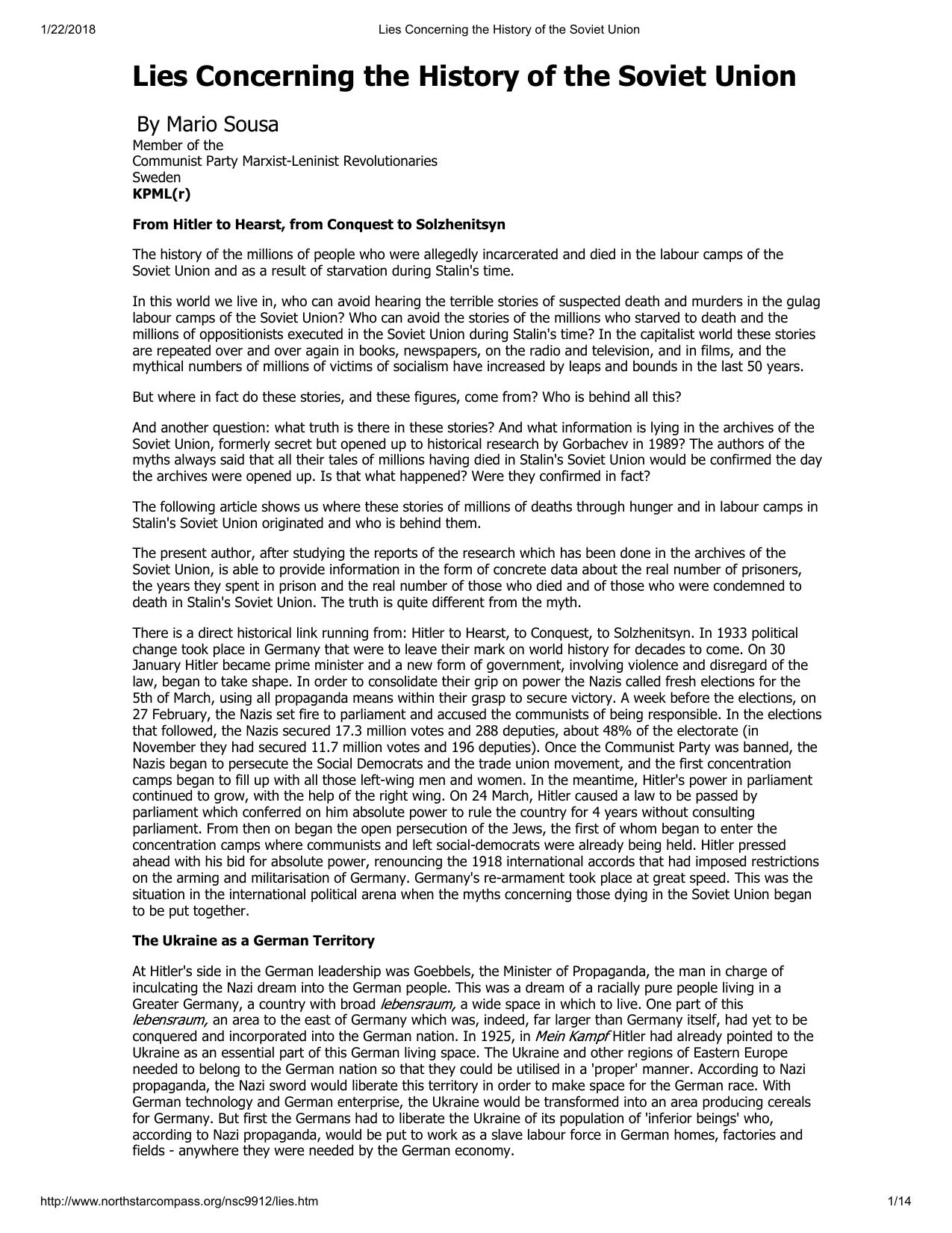 Lies Concerning the History of the Soviet Union by Unknown