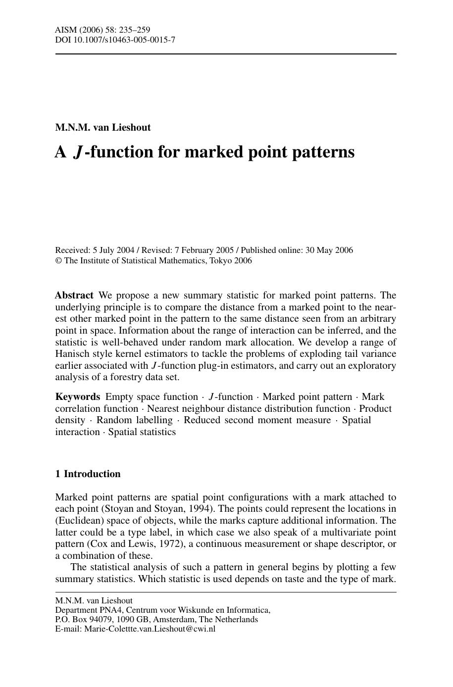 Lieshout M. N. by A J-function for marked point patterns (2006)(25s)