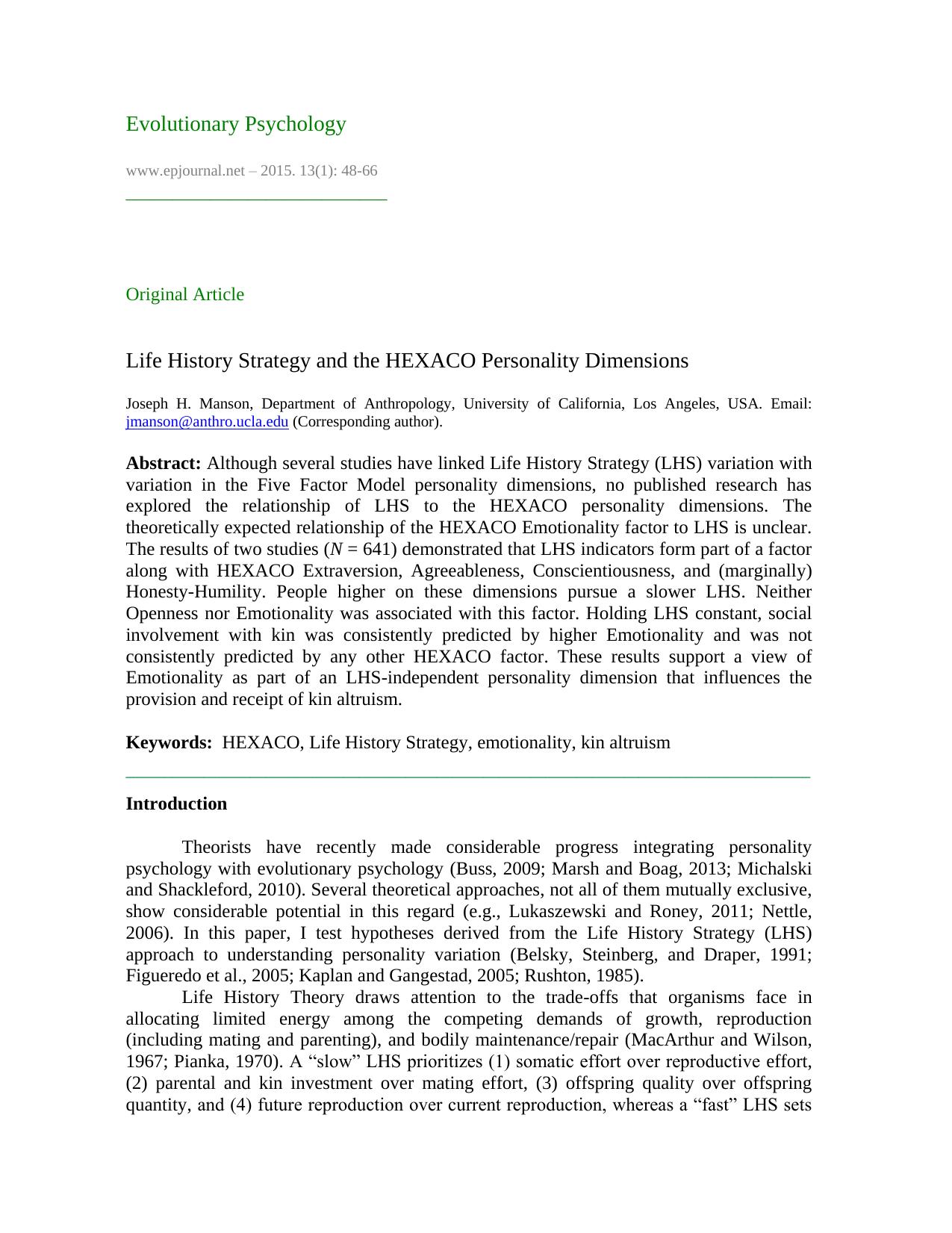Life History Strategy and the HEXACO Personality Dimensions by Joseph H. Manson