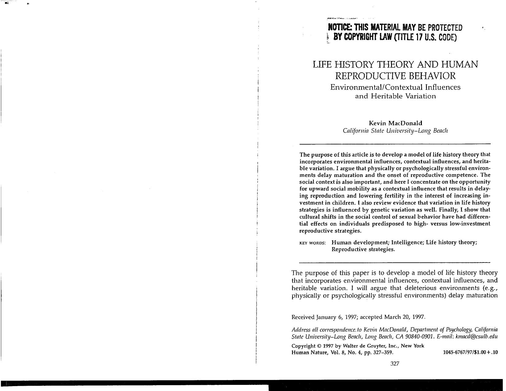 Life History Theory and Human Reproductive Behavior by Environmental-Contextual Influences & Heritable Variation (1997) by Kevin B. MacDonald