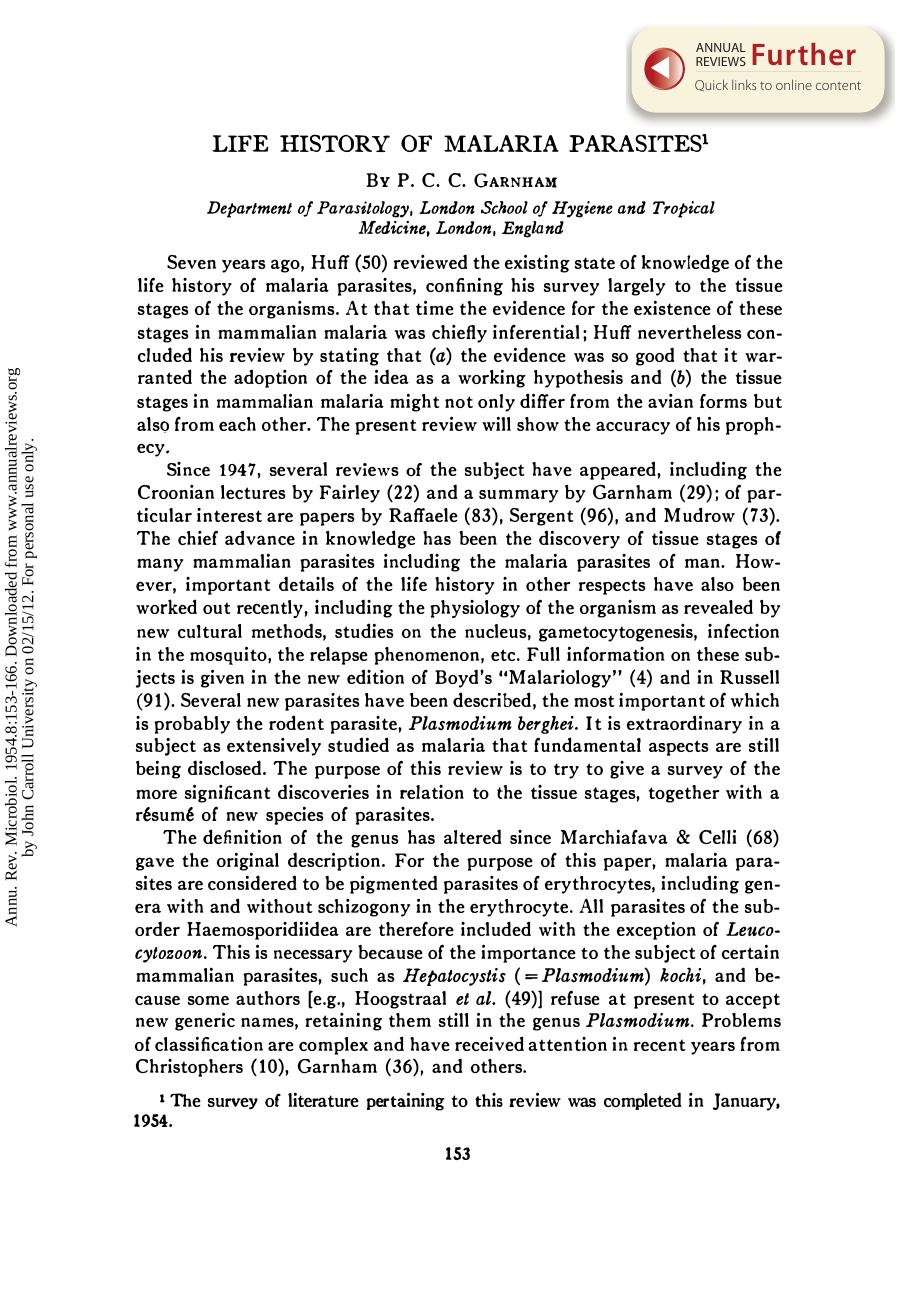 Life History of Malaria Parasites by P C C Garnham