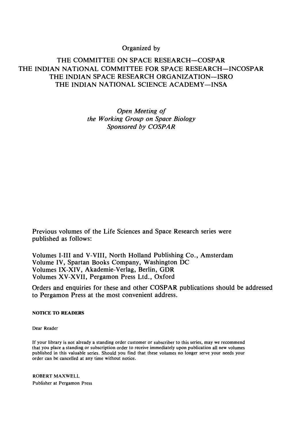 Life Sciences and Space Research. Proceedings of the Open Meeting of the Working Group on Space Biology of the Twenty-Second Plenary Meeting of COSPAR, Bangalore, India, 29 Mayâ9 June 1979 by R. Holmquist (Eds.)