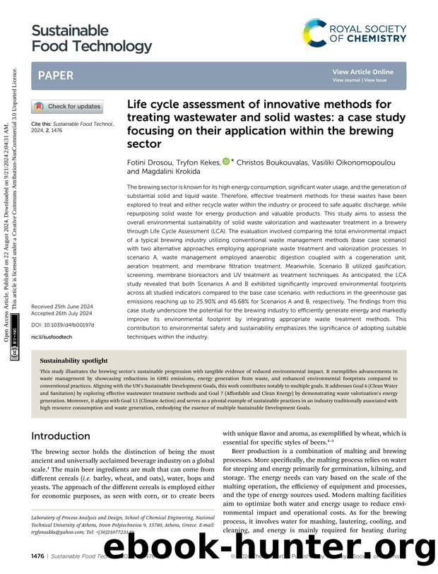 Life cycle assessment of innovative methods for treating wastewater and solid wastes: a case study focusing on their application within the brewing sector by Fotini Drosou & Tryfon Kekes & Christos Boukouvalas & Vasiliki Oikonomopoulou & Magdalini Krokida