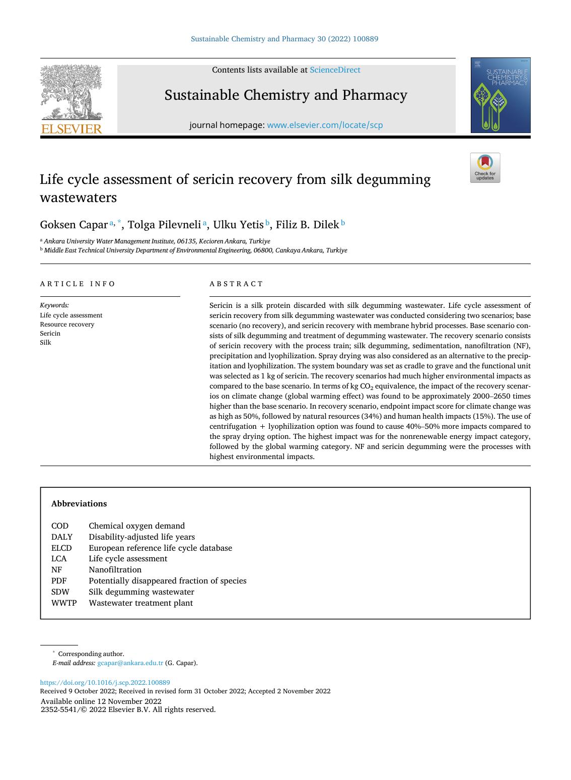 Life cycle assessment of sericin recovery from silk degumming wastewaters by Goksen Capar & Tolga Pilevneli & Ulku Yetis & Filiz B. Dilek