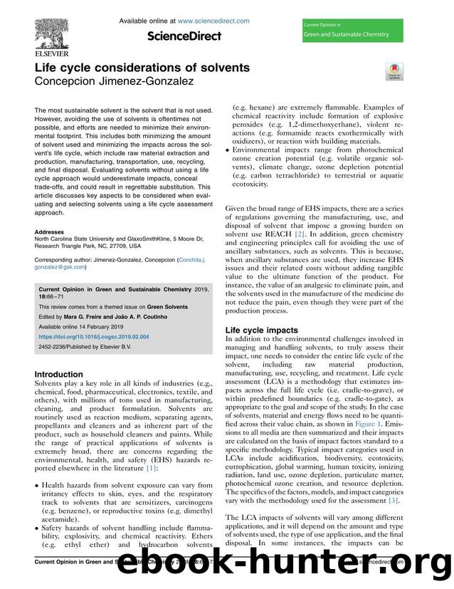 Life cycle considerations of solvents by Concepcion Jimenez-Gonzalez