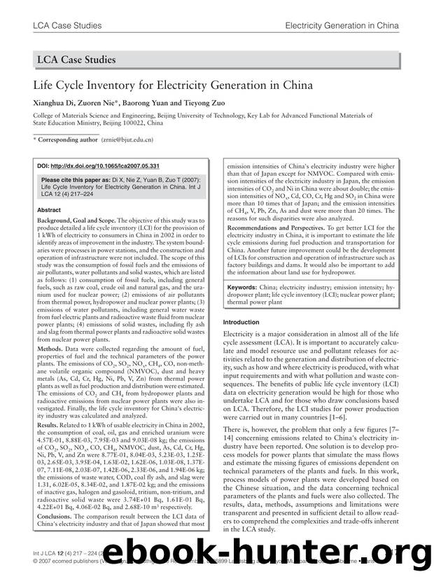 Life cycle inventory for electricity generation in China by Unknown