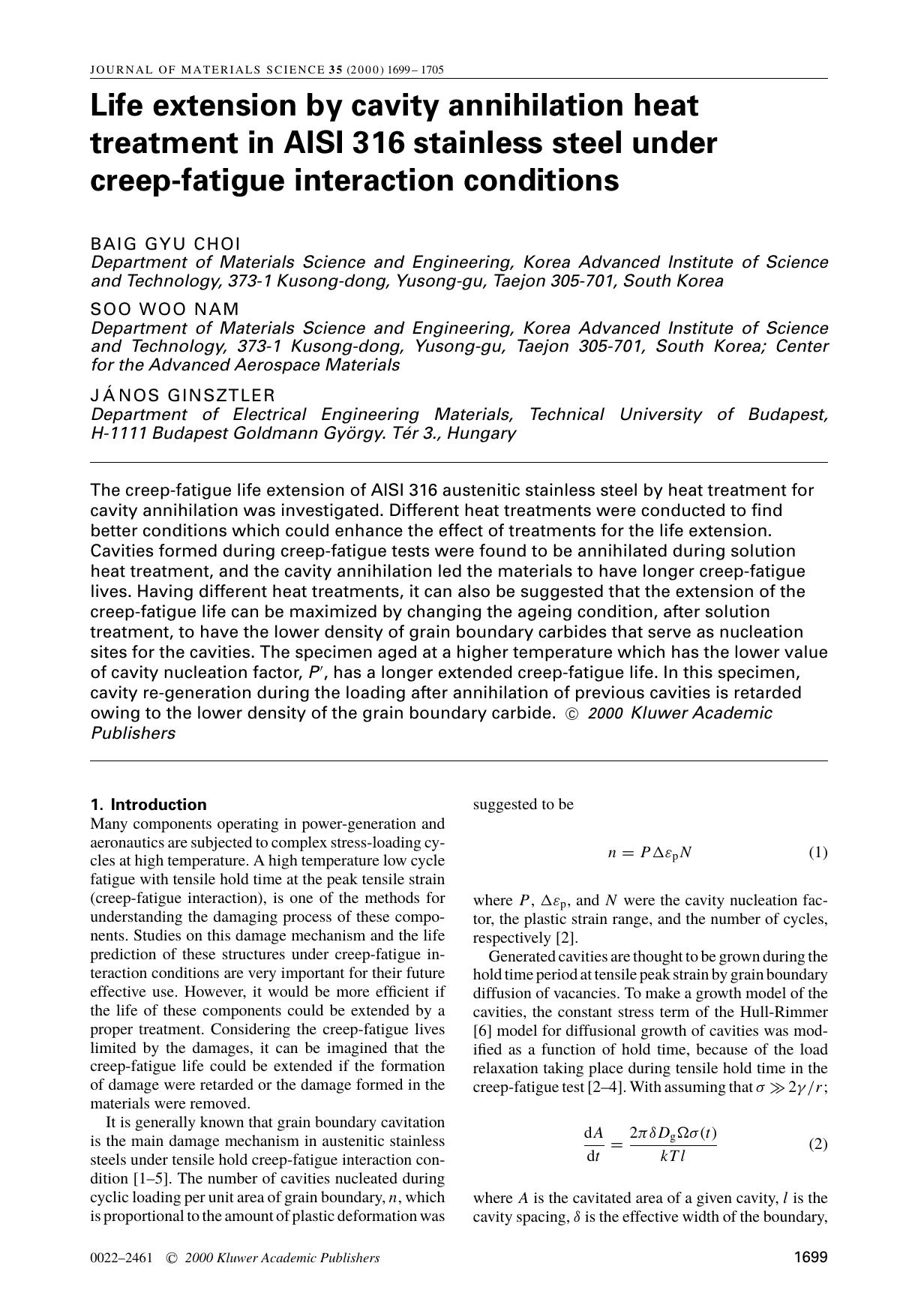 Life extension by cavity annihilation heat treatment in AISI 316 stainless steel under creep-fatigue interaction conditions by Unknown