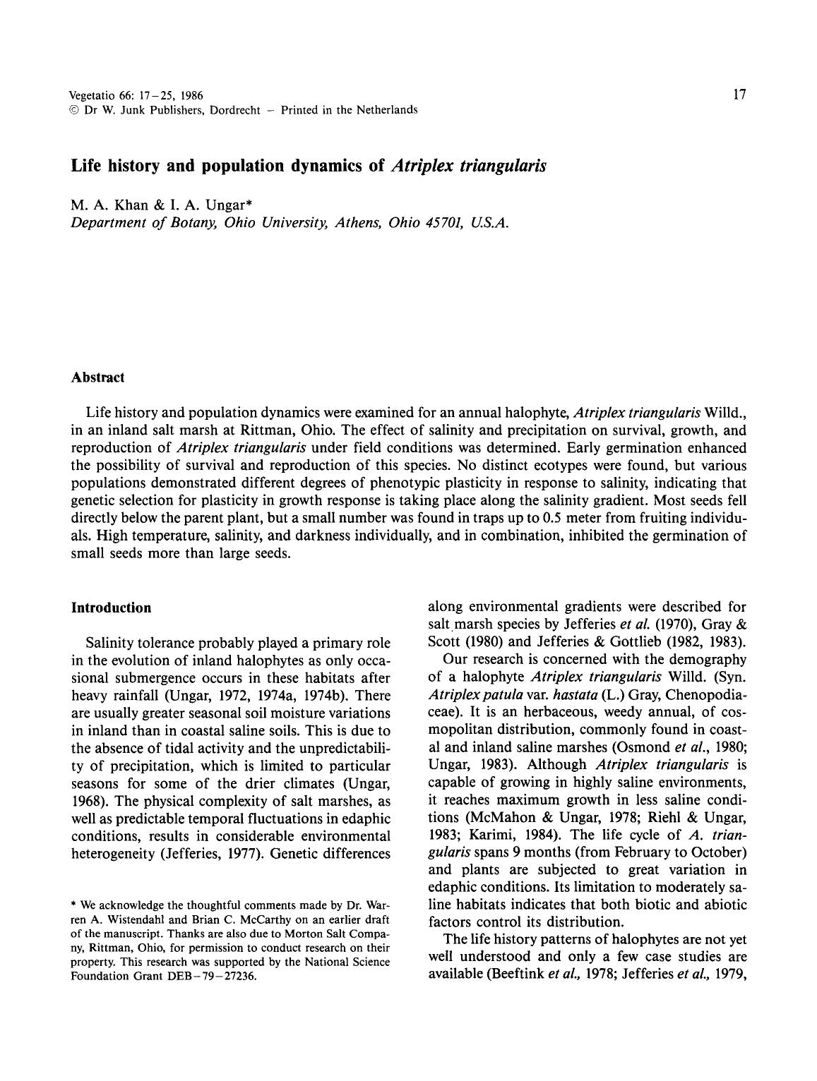 Life history and population dynamics of <Emphasis Type="Italic">Atriplex triangularis<Emphasis> by Unknown