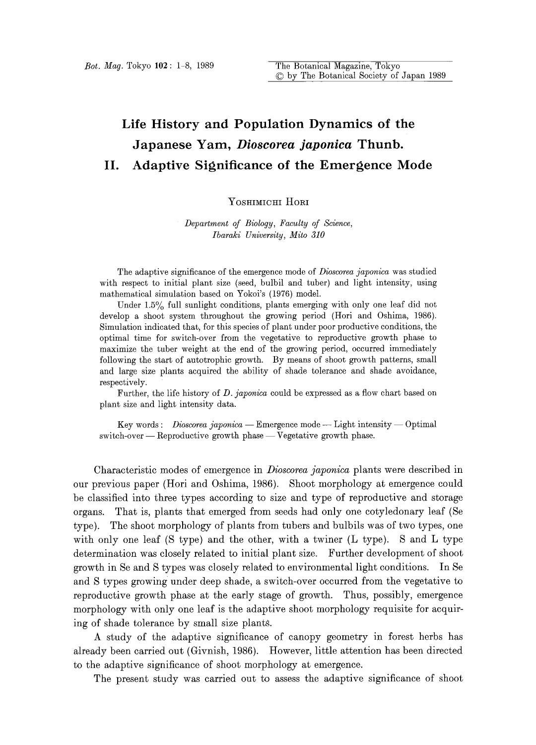 Life history and population dynamics of the Japanese Yam, <Emphasis Type="Italic">Dioscorea japonica <Emphasis> Thunb. by Unknown