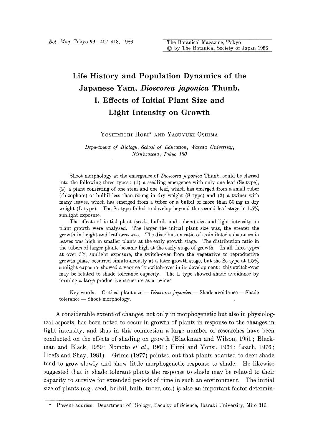 Life history and population dynamics of the Japanese Yam, <Emphasis Type="Italic">Dioscorea japonica <Emphasis> thunb. by Unknown