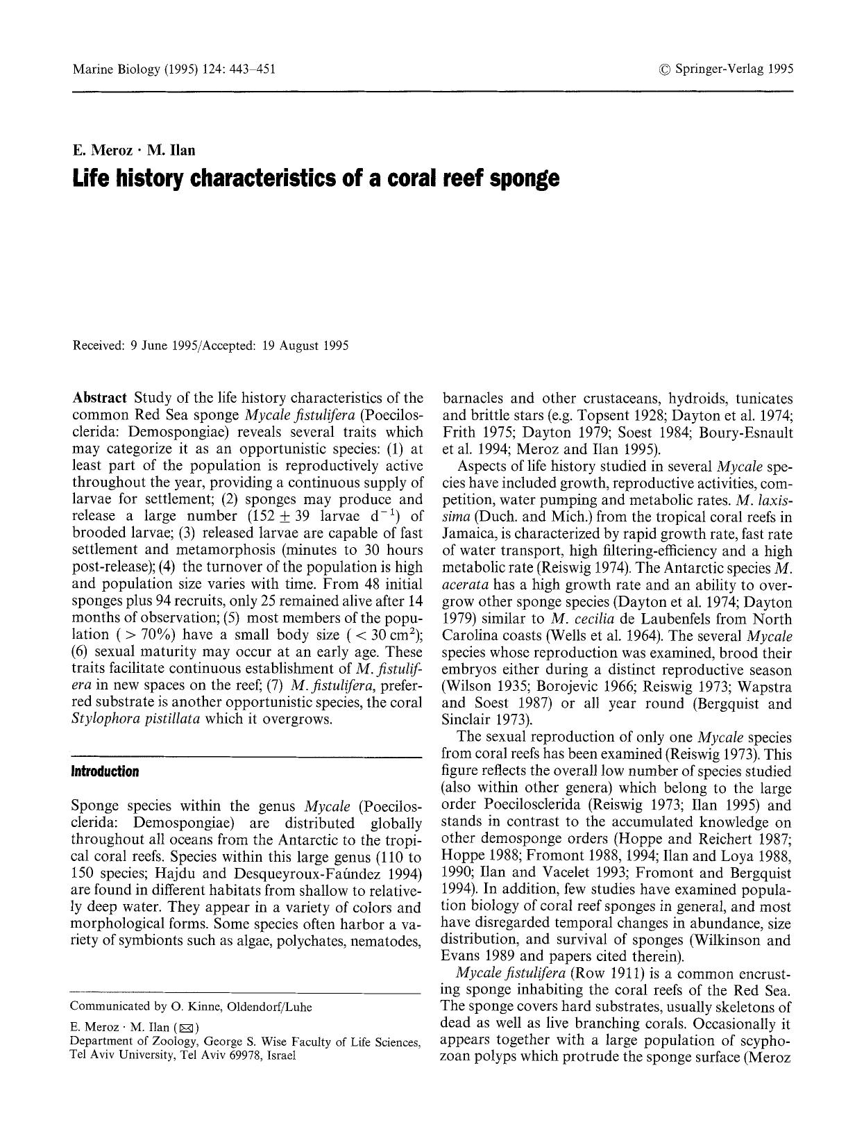 Life history characteristics of a coral reef sponge by Unknown