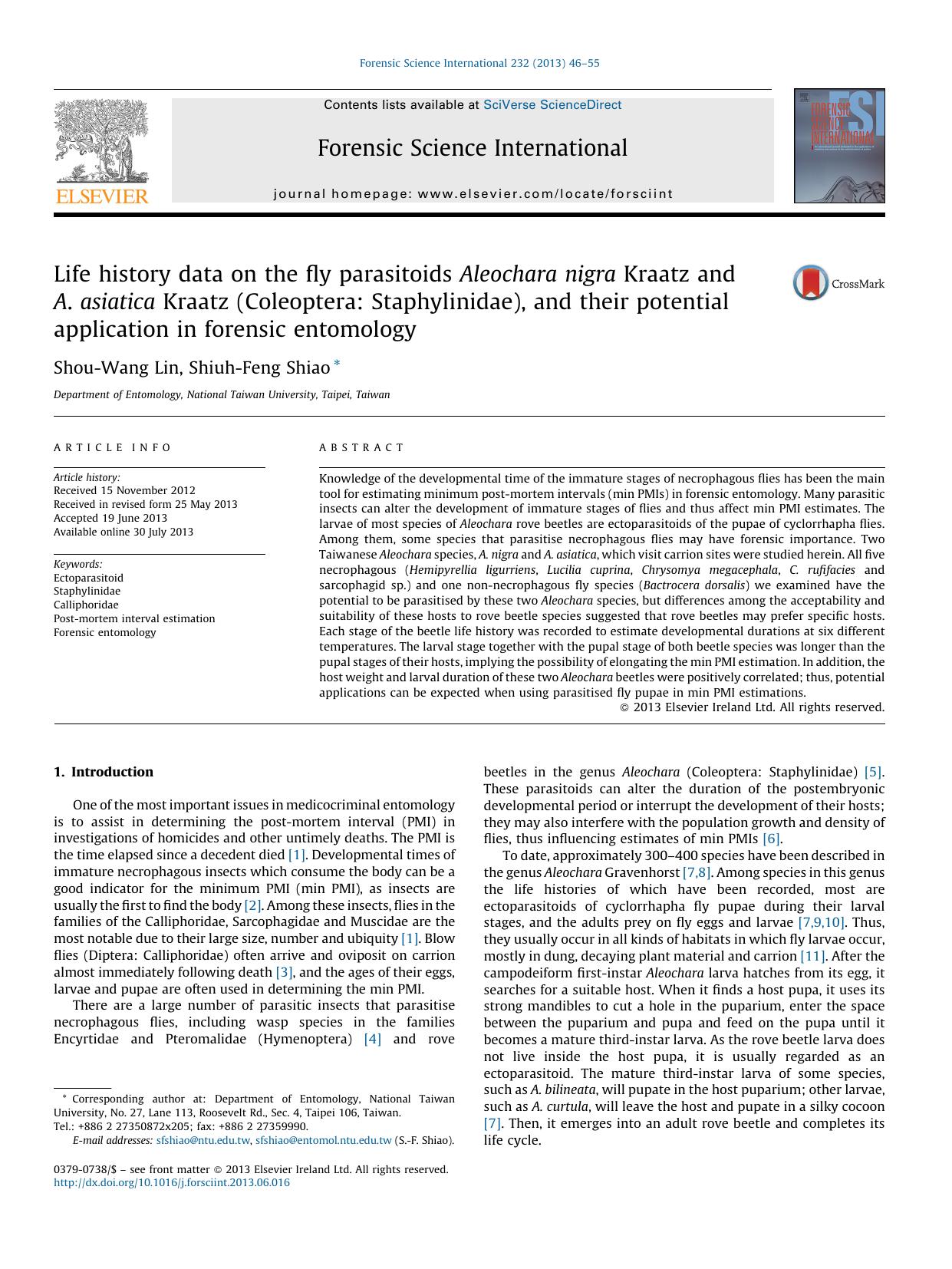 Life history data on the fly parasitoids Aleochara nigra Kraatz and A. asiatica Kraatz (Coleoptera: Staphylinidae), and their potential application in forensic entomology by Shou-Wang Lin & Shiuh-Feng Shiao
