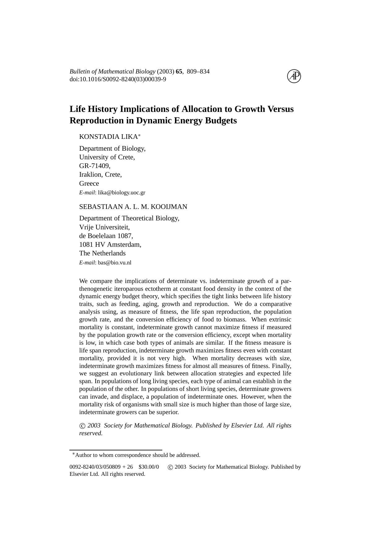 Life history implications of allocation to growth versus reproduction in dynamic energy budgets by Unknown