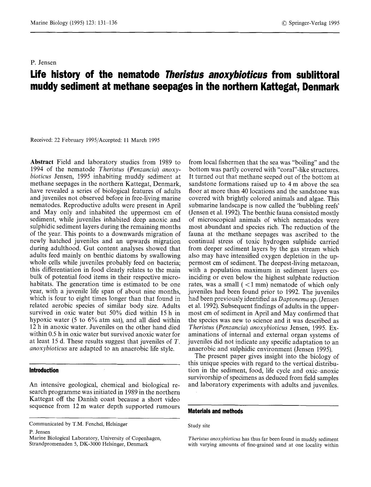 Life history of the nematode <Emphasis Type="Italic">Theristus anoxybioticus<Emphasis> from sublittoral muddy sediment at methane seepages in the northern Kattegat, Denmark by Unknown