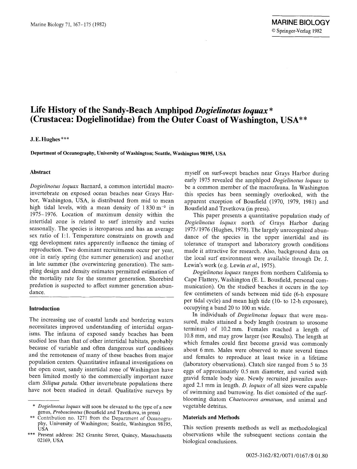 Life history of the sandy-beach amphipod <Emphasis Type="Italic">Dogielinotus loquax<Emphasis> (Crustacea: Dogielinotidae) from the outer coast of Washington, USA by Unknown