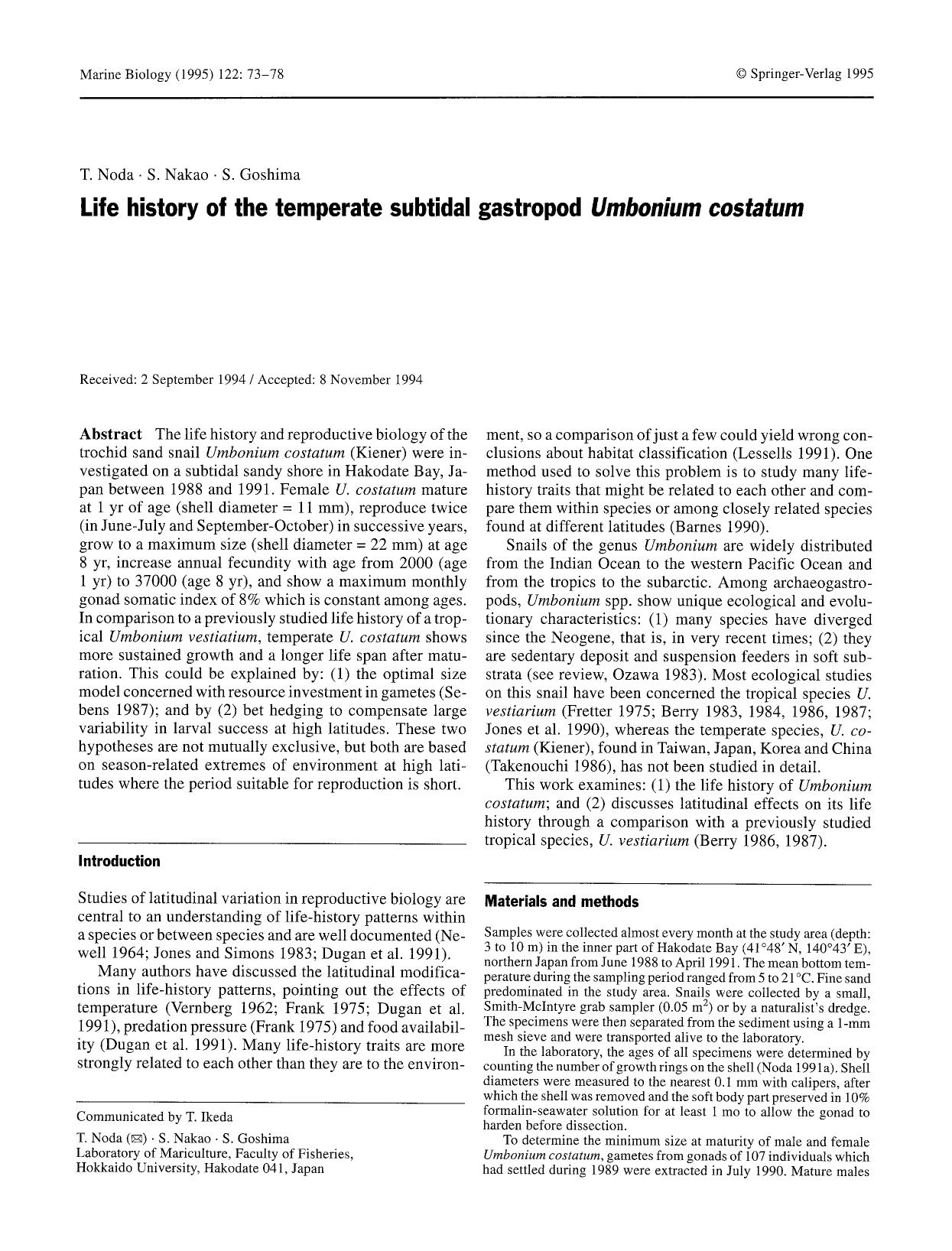 Life history of the temperate subtidal gastropod <Emphasis Type="Italic">Umbonium costatum<Emphasis> by Unknown