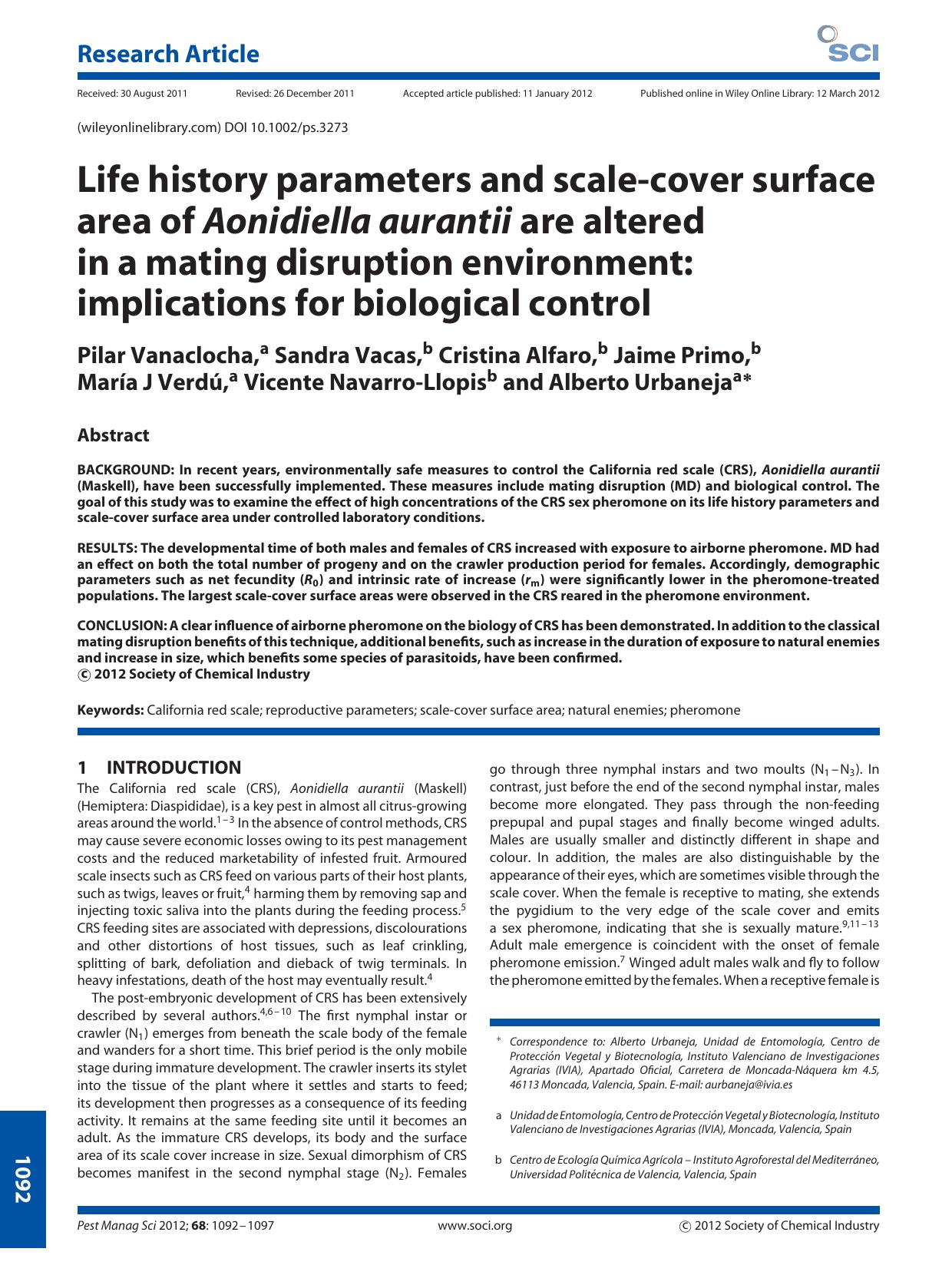 Life history parameters and scalecover surface area of Aonidiella aurantii are altered in a mating disruption environment: implications for biological control by Unknown
