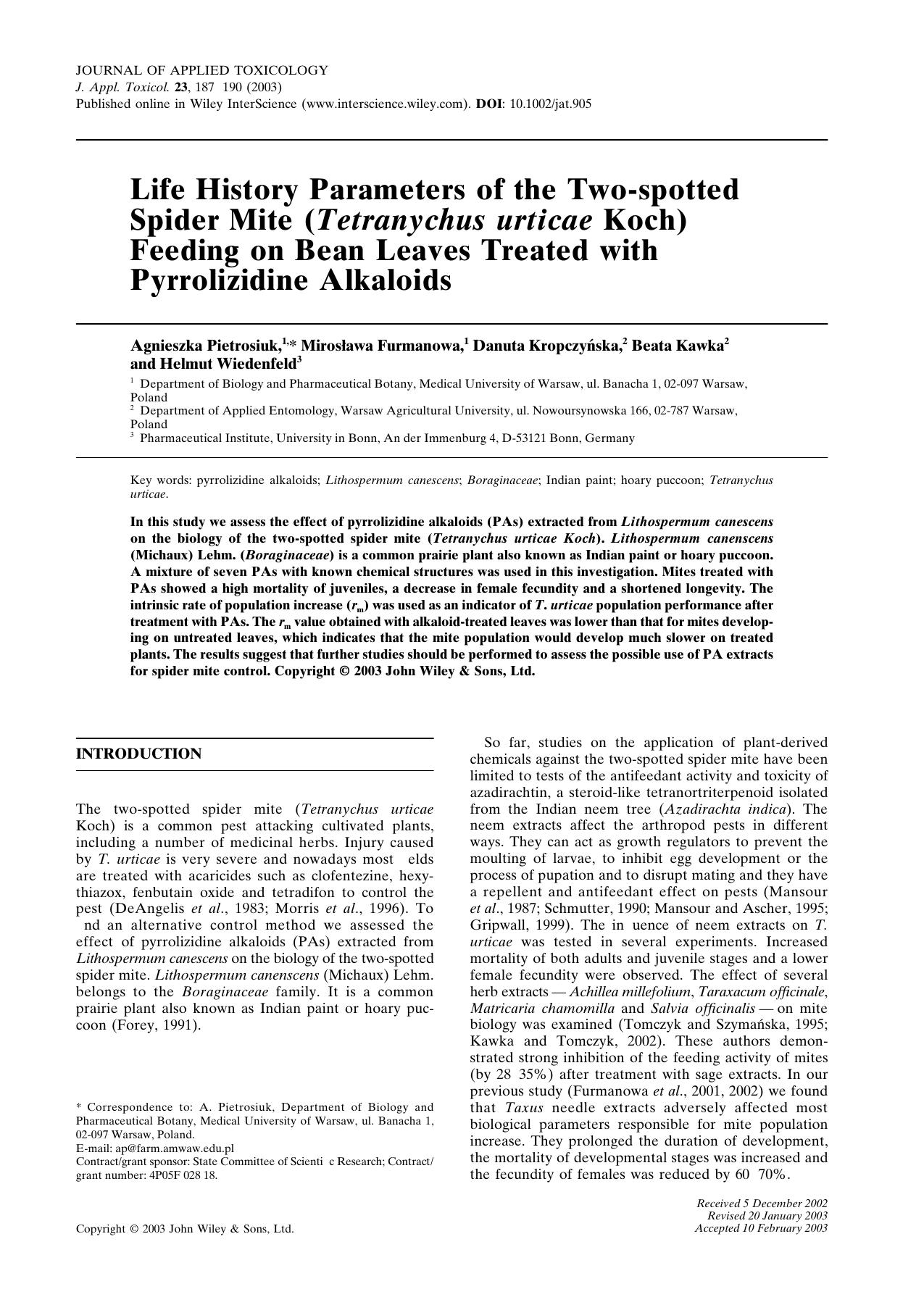 Life history parameters of the Two-spotted Spider Mite (Tetranychus urticae Koch) feeding on bean leaves treated with pyrrolizidine alkaloids by Unknown