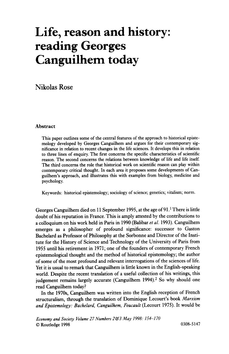 Life, reason and history: reading Georges Canguilhem today. by Reading Georges Canguilhem Today