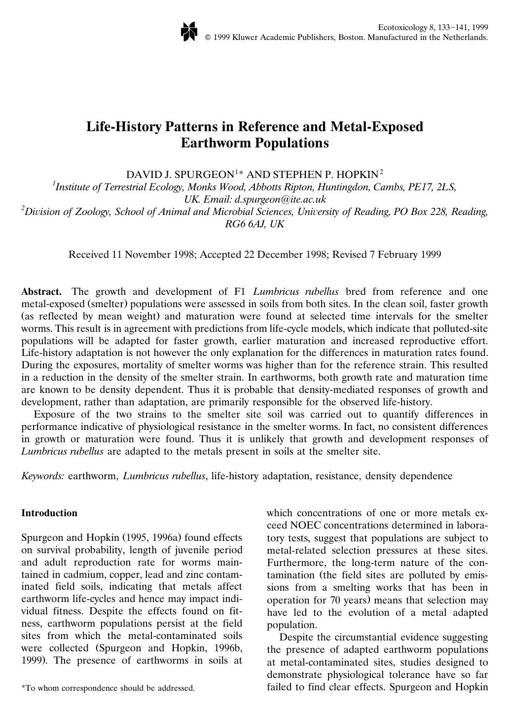 Life-History Patterns in Reference and Metal-Exposed Earthworm Populations by Unknown
