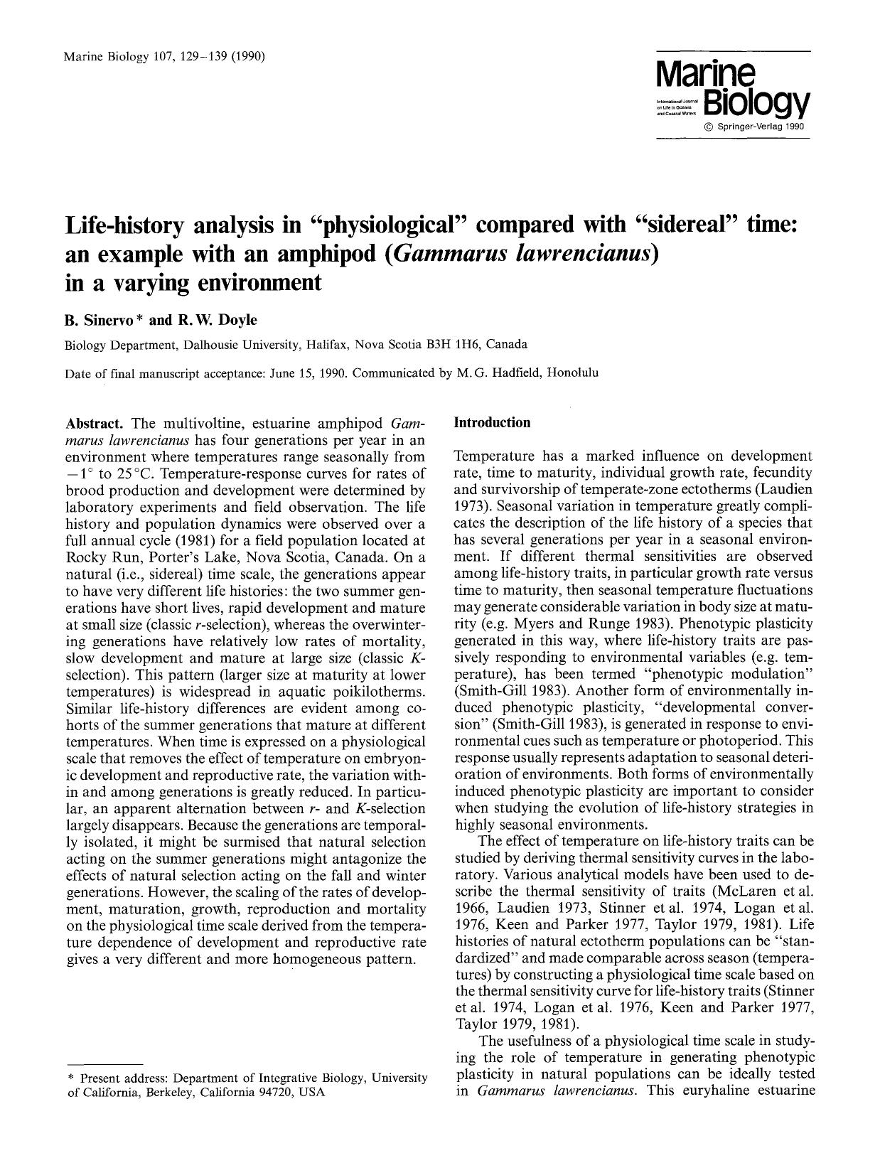 Life-history analysis in “physiological” compared with “sidereal” time: An example with an amphipod ( <Emphasis Type="Italic">Gammarus lawrencianus <Emp by Unknown