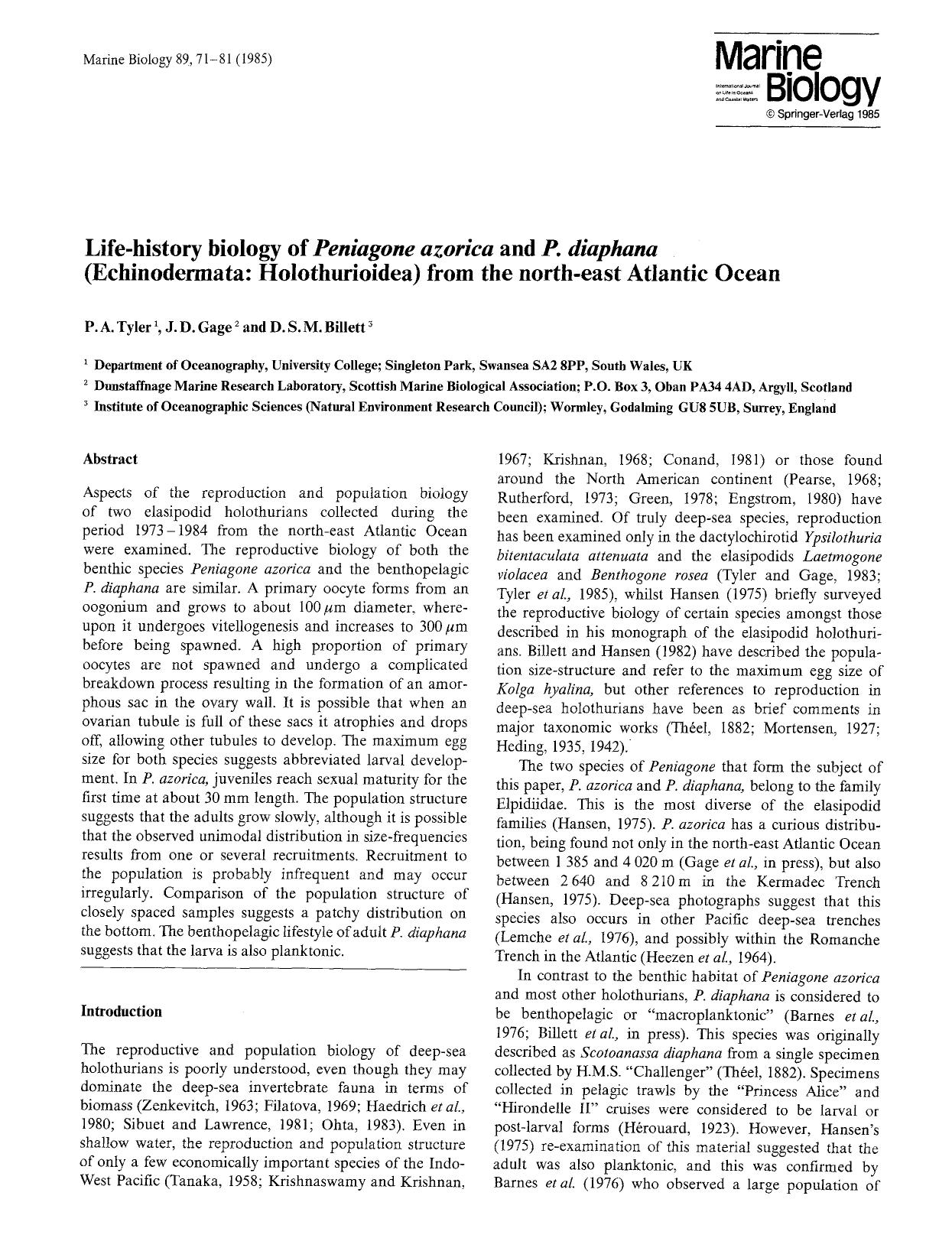 Life-history biology of <Emphasis Type="Italic">Peniagone azorica<Emphasis> and <Emphasis Type="Italic">P. diaphana<Emphasis> (Echinodermata: Holothurioidea) from the north-east Atlantic Ocean by Unknown