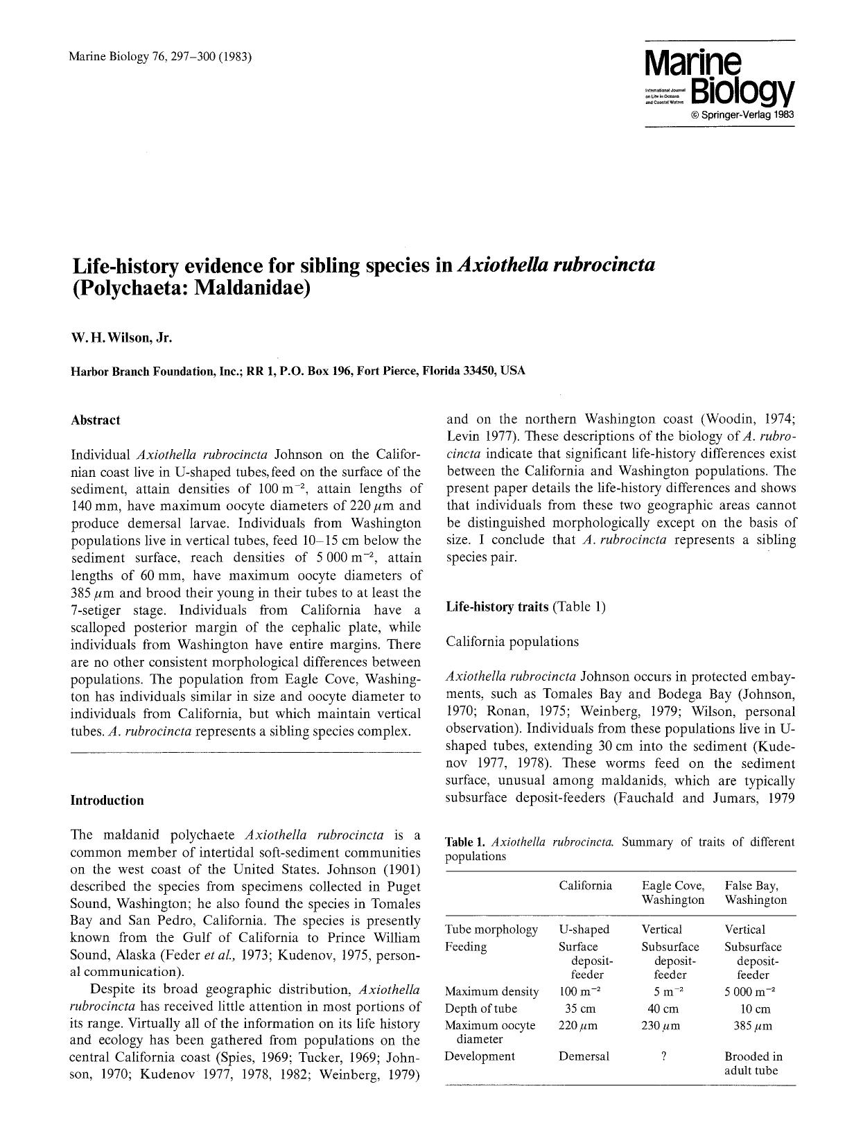 Life-history evidence for sibling species in <Emphasis Type="Italic">Axiothella rubrocincta<Emphasis> (Polychaeta: Maldanidae) by Unknown