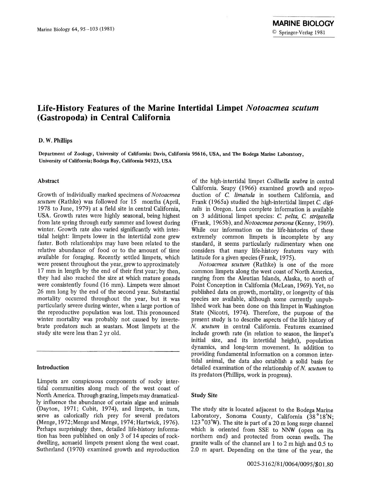 Life-history features of the marine intertidal limpet <Emphasis Type="Italic">Notoacmea scutum<Emphasis> (Gastropoda) in central California by Unknown