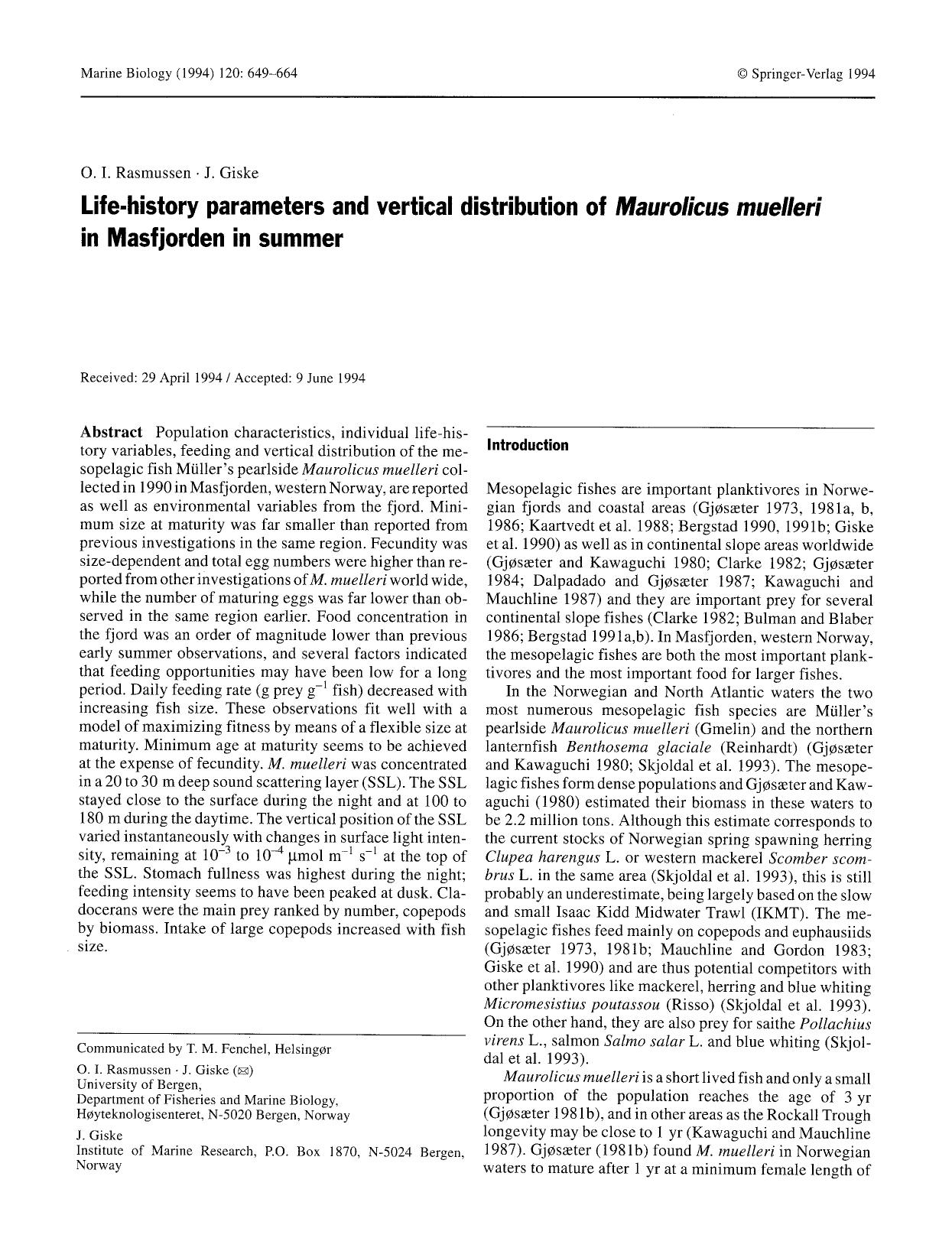 Life-history parameters and vertical distribution of <Emphasis Type="Italic">Maurolicus muelleri<Emphasis> in Masfjorden in summer by Unknown